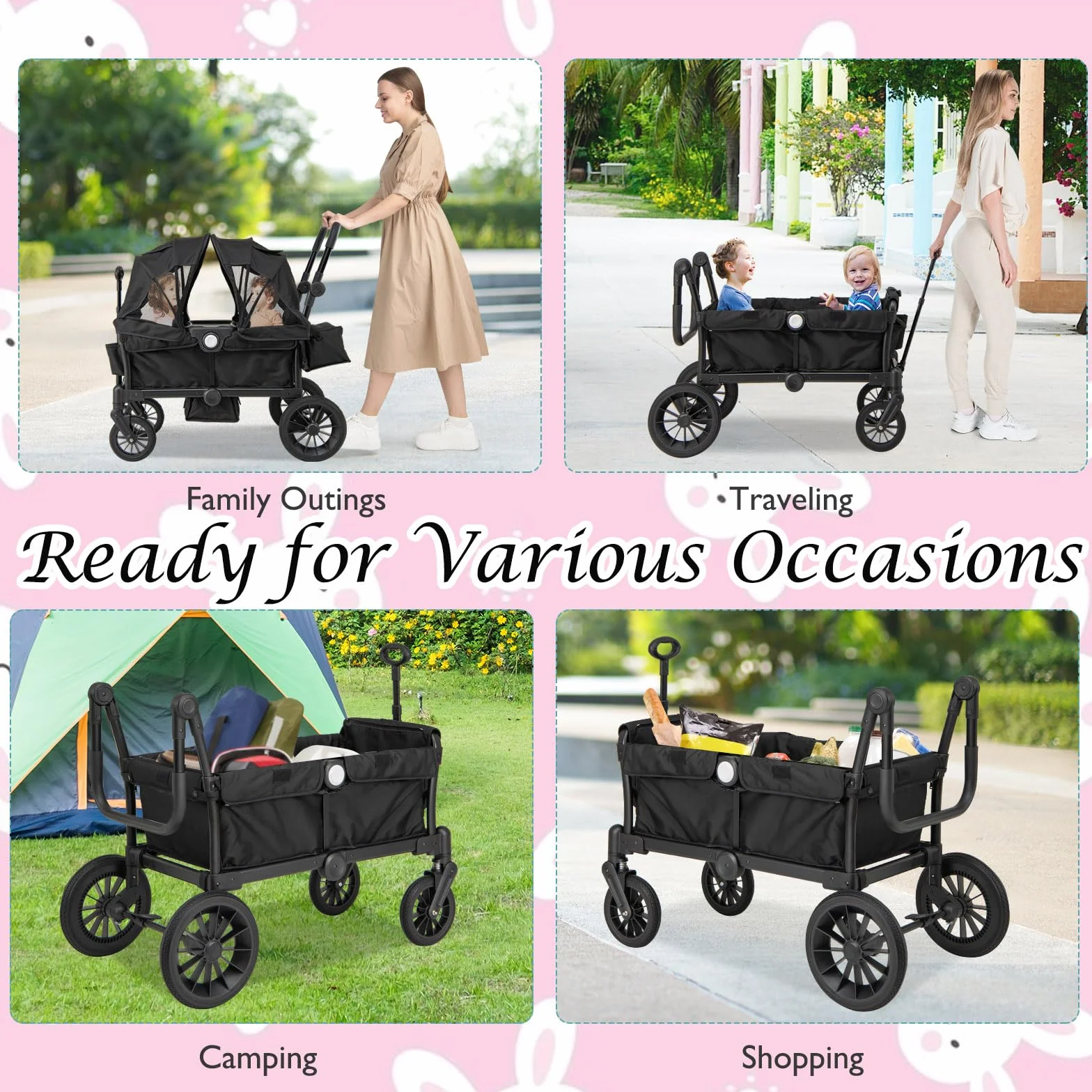 LIFEZEAL Carrello Porta 2 Bambini 6+ Mesi Pieghevole Regolabile con Tettuccio Max 50kg Nero