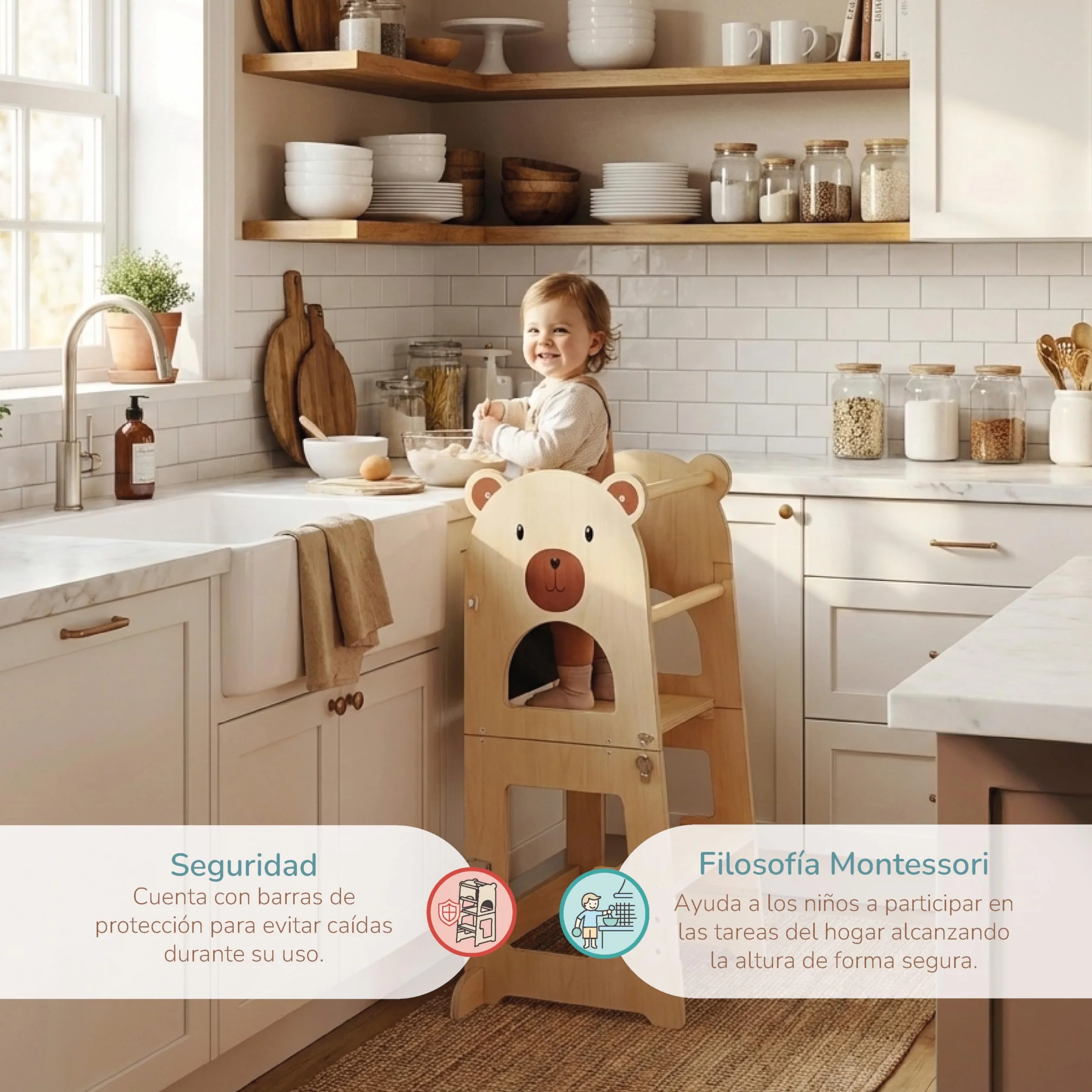 Buddy Baby Xperimenta Torre di apprendimento Montessoriana in legno trasformabile in scrivania e sgabello pieghevole per cucina con barra di sicurezza