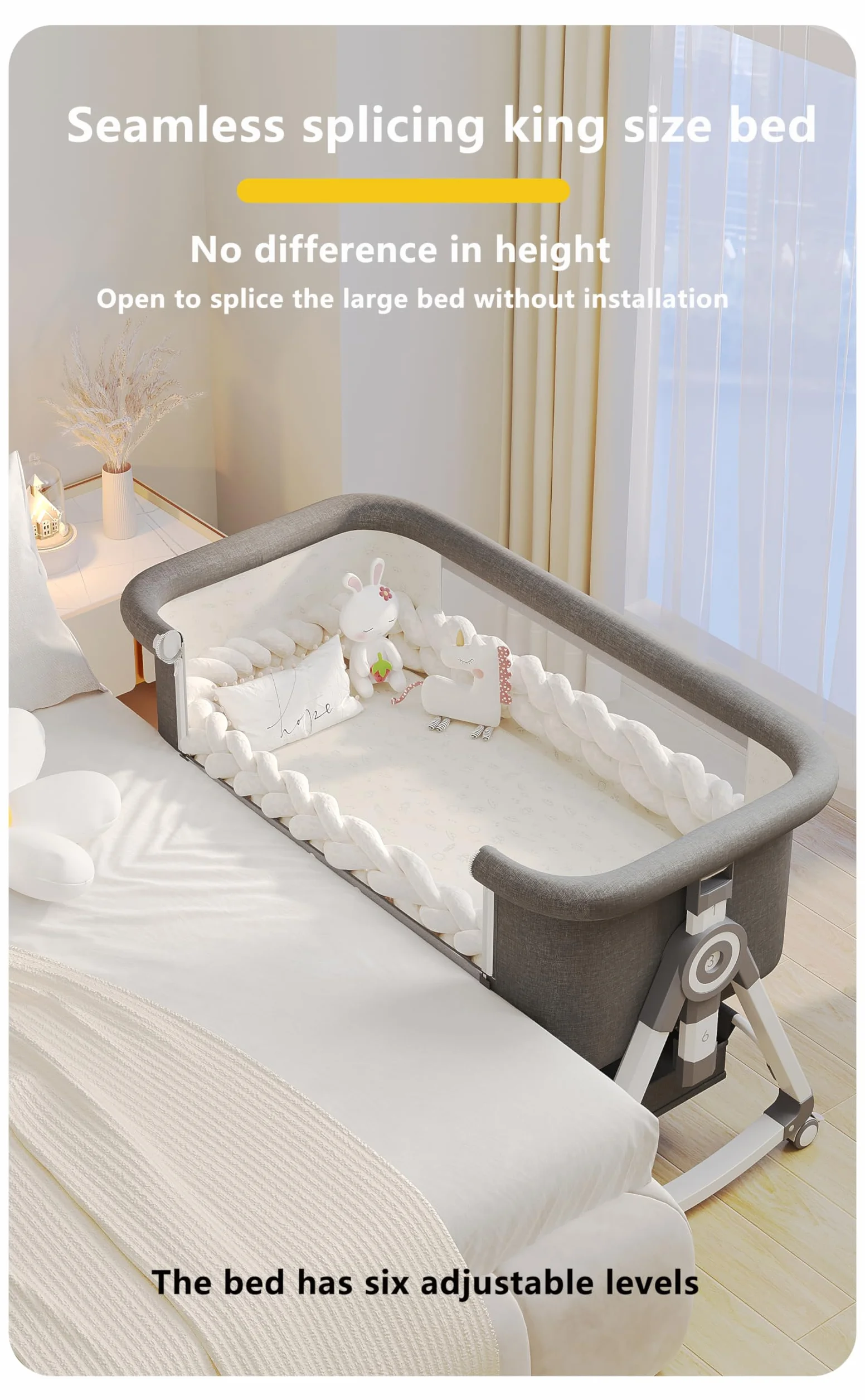 GLOKID 3-in-1 Culla Neonato con Materasso, Culla Next to Me, Crib da Campeggio, Regolazione a Sei Velocità, Altezza Regolabile, Inclinabile (Grigio)
