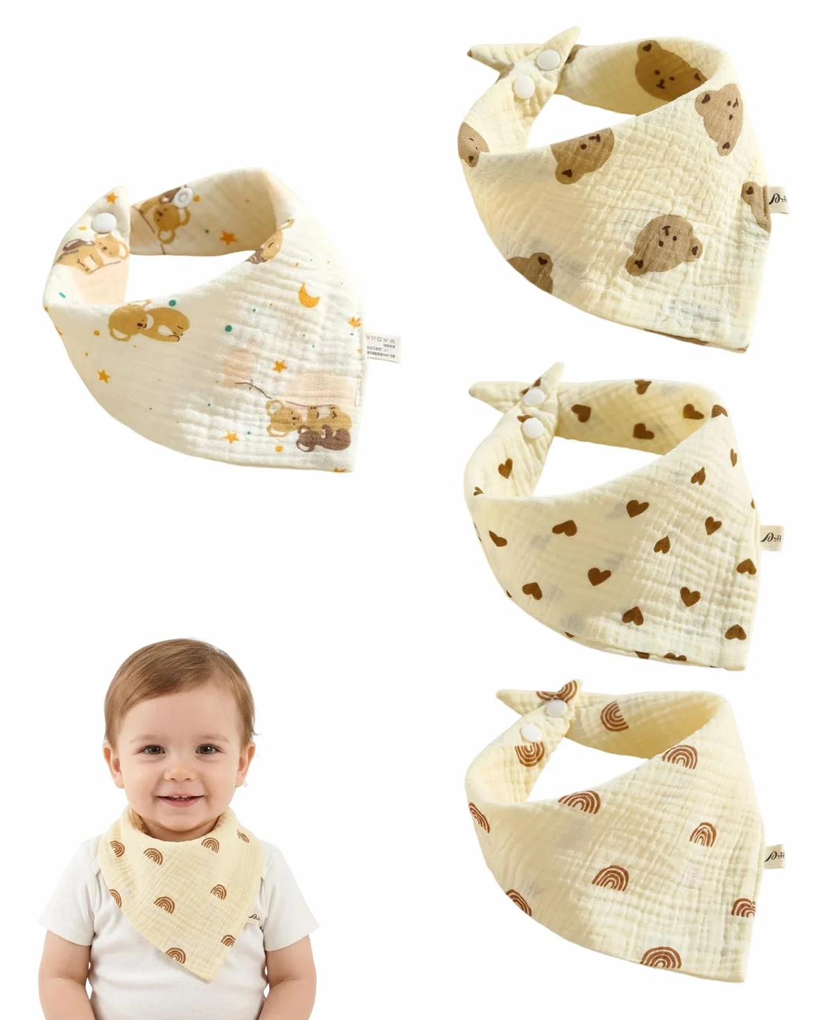 Bavaglini Neonato 100% Cotone Mussola Set Assorbenti Traspiranti Regolabili Orsetto Cuore Arcobaleno Koala