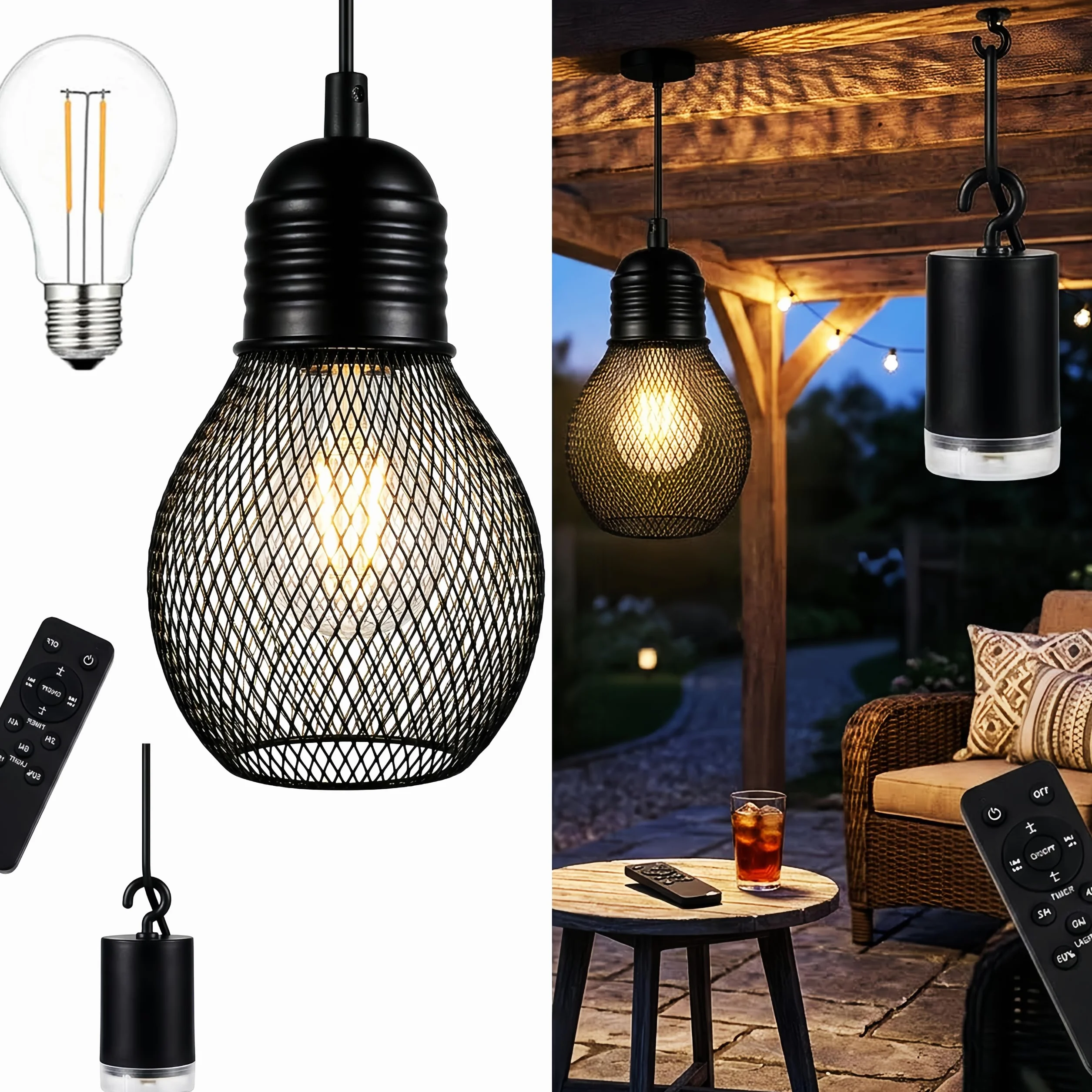 Lampada a sospensione a batteria con telecomando impermeabile, 4 batterie AA, per gazebo, pergolato, portico, patio, interno/esterno, nero
