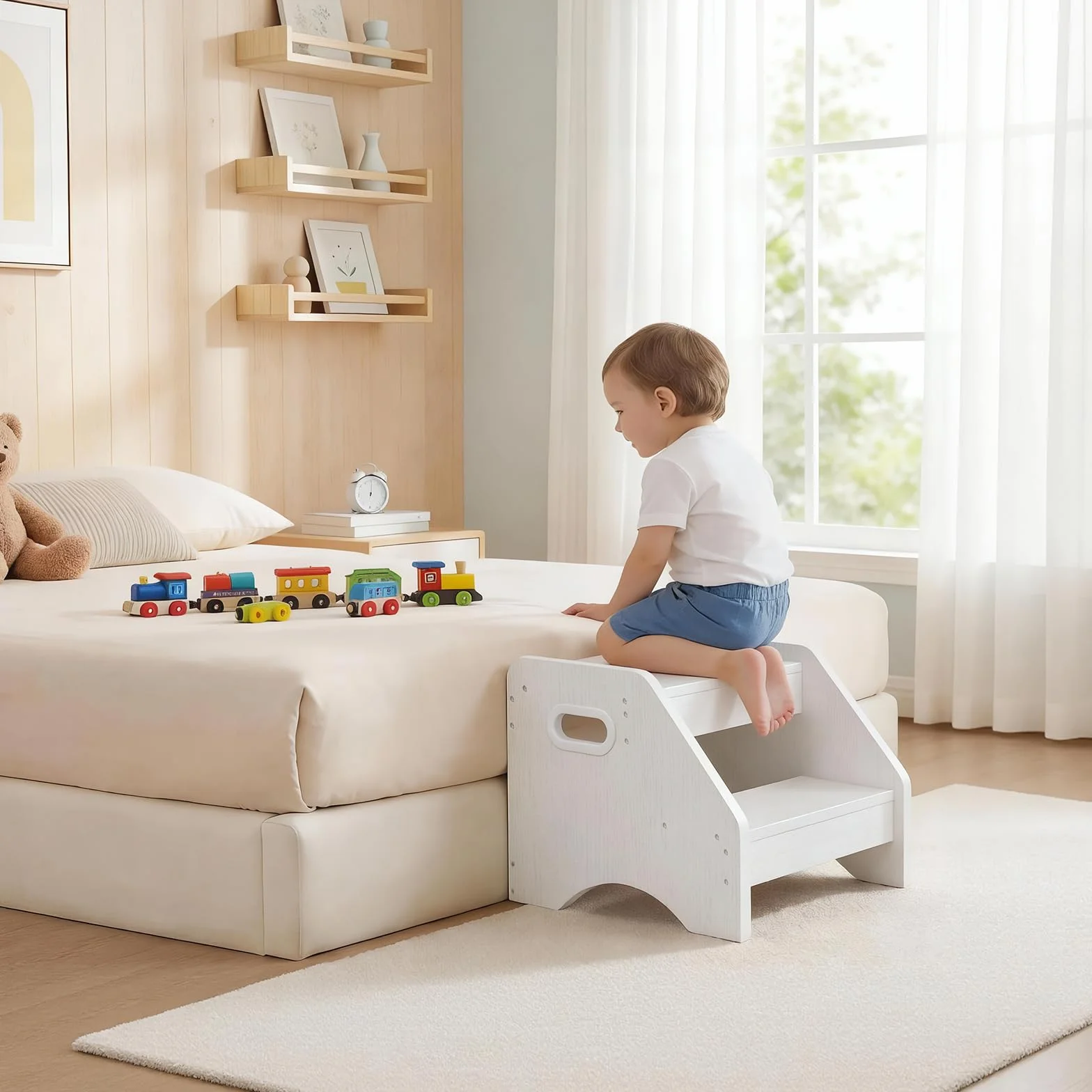 HOOBRO Scaletta a 2 Gradini Bambini in Legno, Sgabello con Maniglie Antiscivolo, Portata 30 kg, Bianco