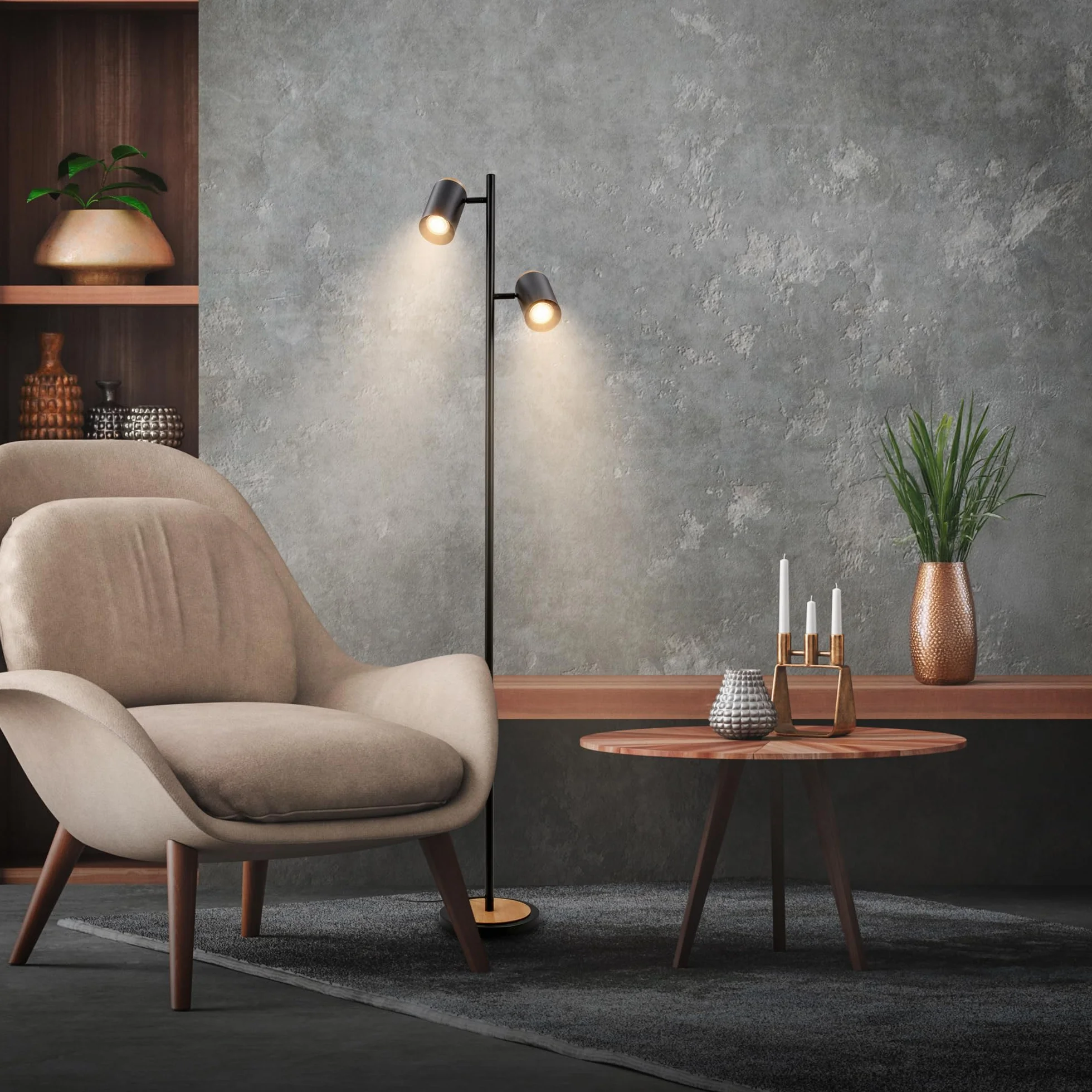 BRILONER - Lampada da terra con interruttore a cavo, faretti orientabili, 2x attacco GU10, piantana lampada da terra, lampada da terra salotto, lampada soggiorno da terra, 26x26x159,5 cm, nero-legno