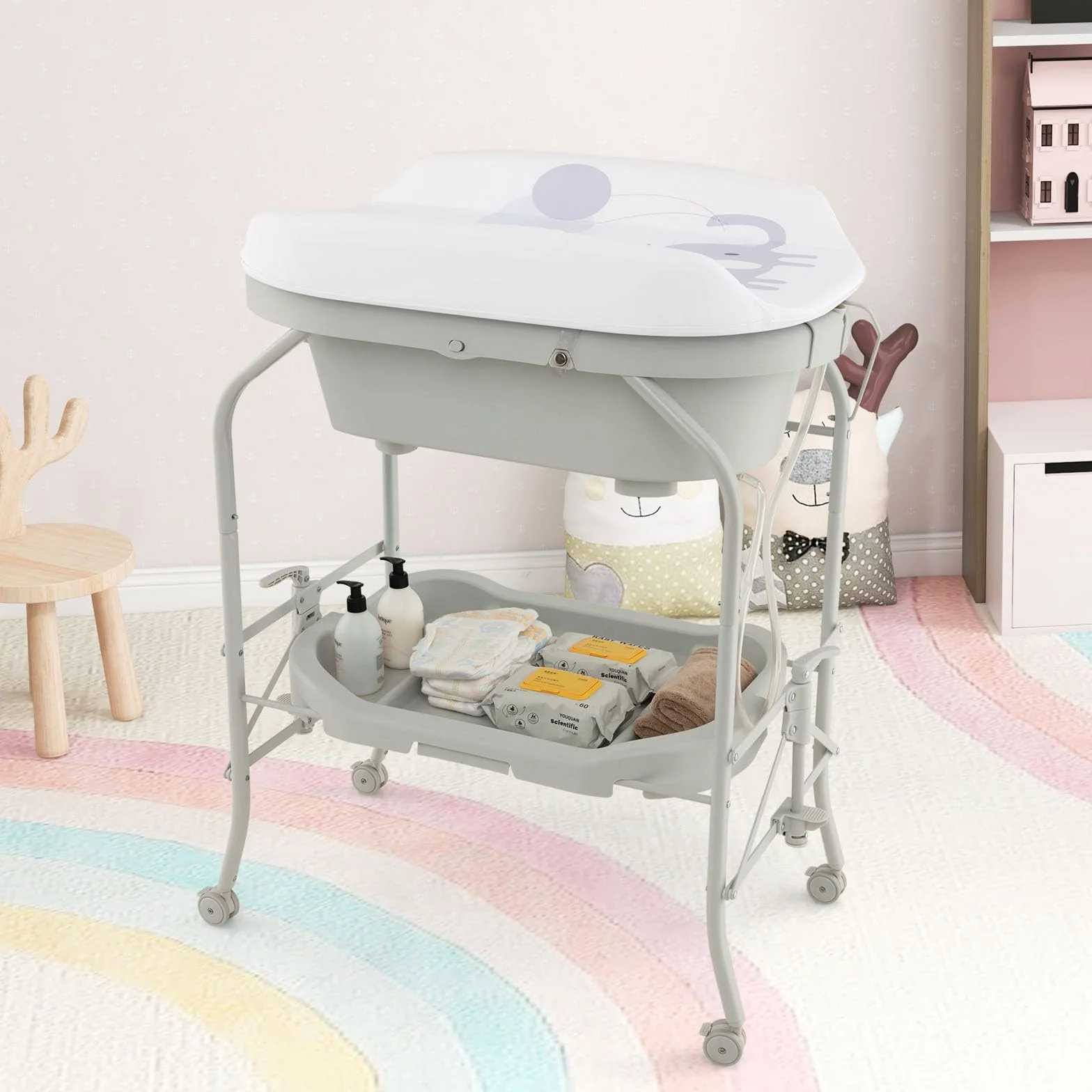 COSTWAY Fasciatoio con Vaschetta Bagnetto 2 in 1, Vasca da Bagno Pieghevole per Bambini, Grigio Chiaro