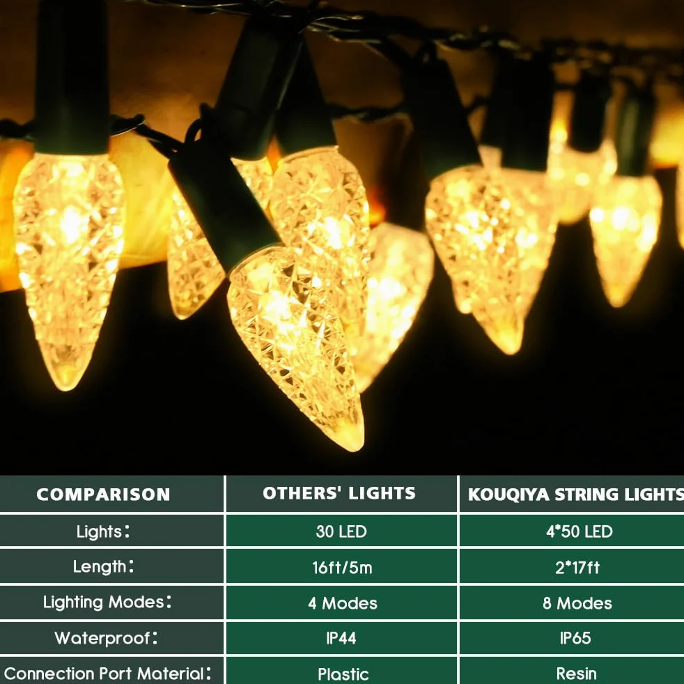 KOUQIYA Confezione da 4 luci natalizie a batteria, C6, 50 LED a forma di fragola, funzionamento a batteria, con timer automatico, 8 modalità, impermeabili, per esterni e interni, decorazione