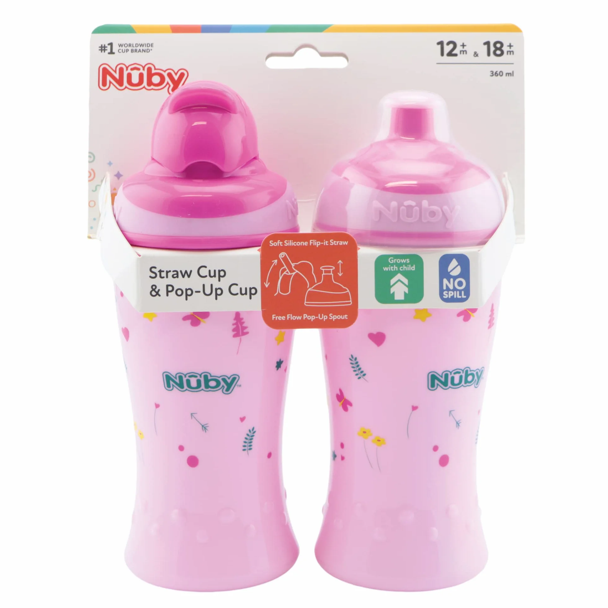 Nuby 2 Pack Bottiglie Bere Antiproiettile Cannuccia Flip-It 360ml BPA-Free Rosa 12+ Mesi