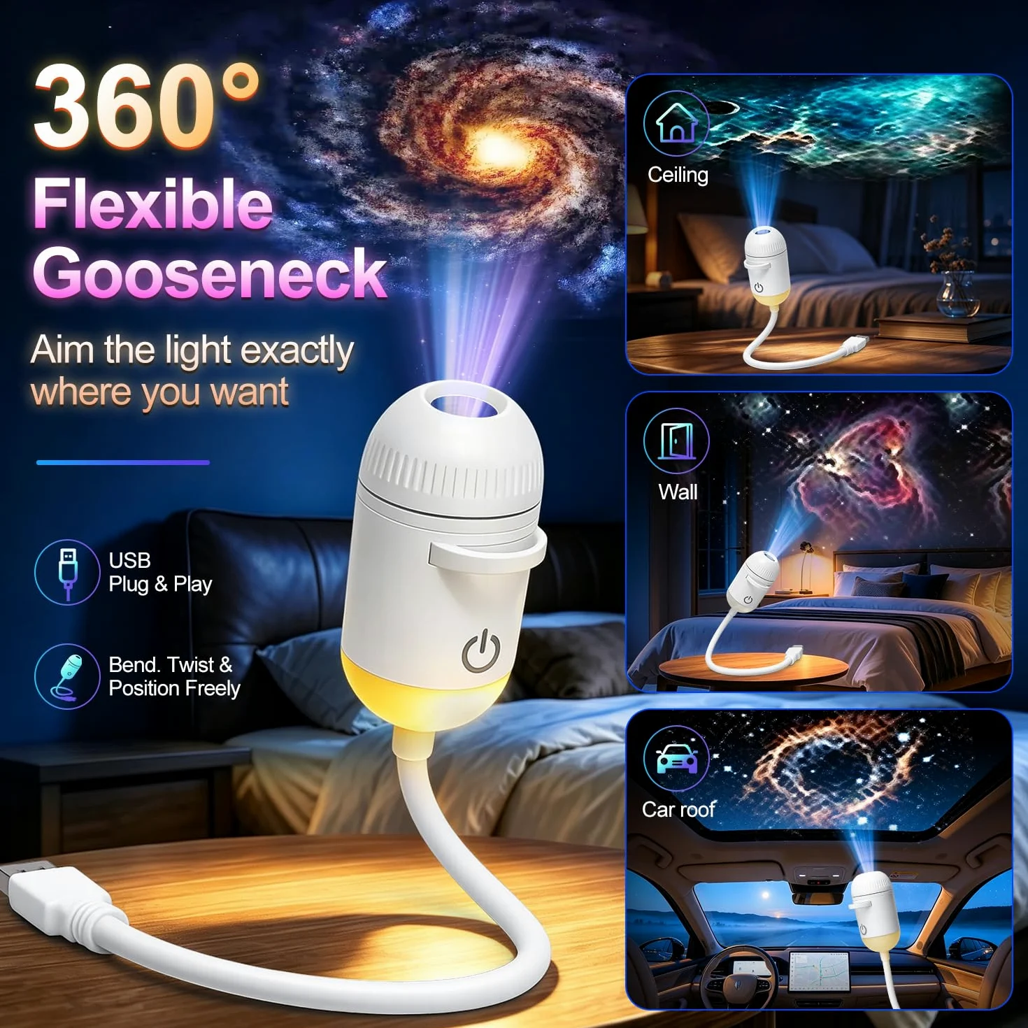 Proiettore di luce notturna della galassia, 2-in-1 USB della lampada della stella del regalo per i bambini | Luminosità regolabile, decorazione per soffitto della parete dell'auto e della stanza, 24 pellicole