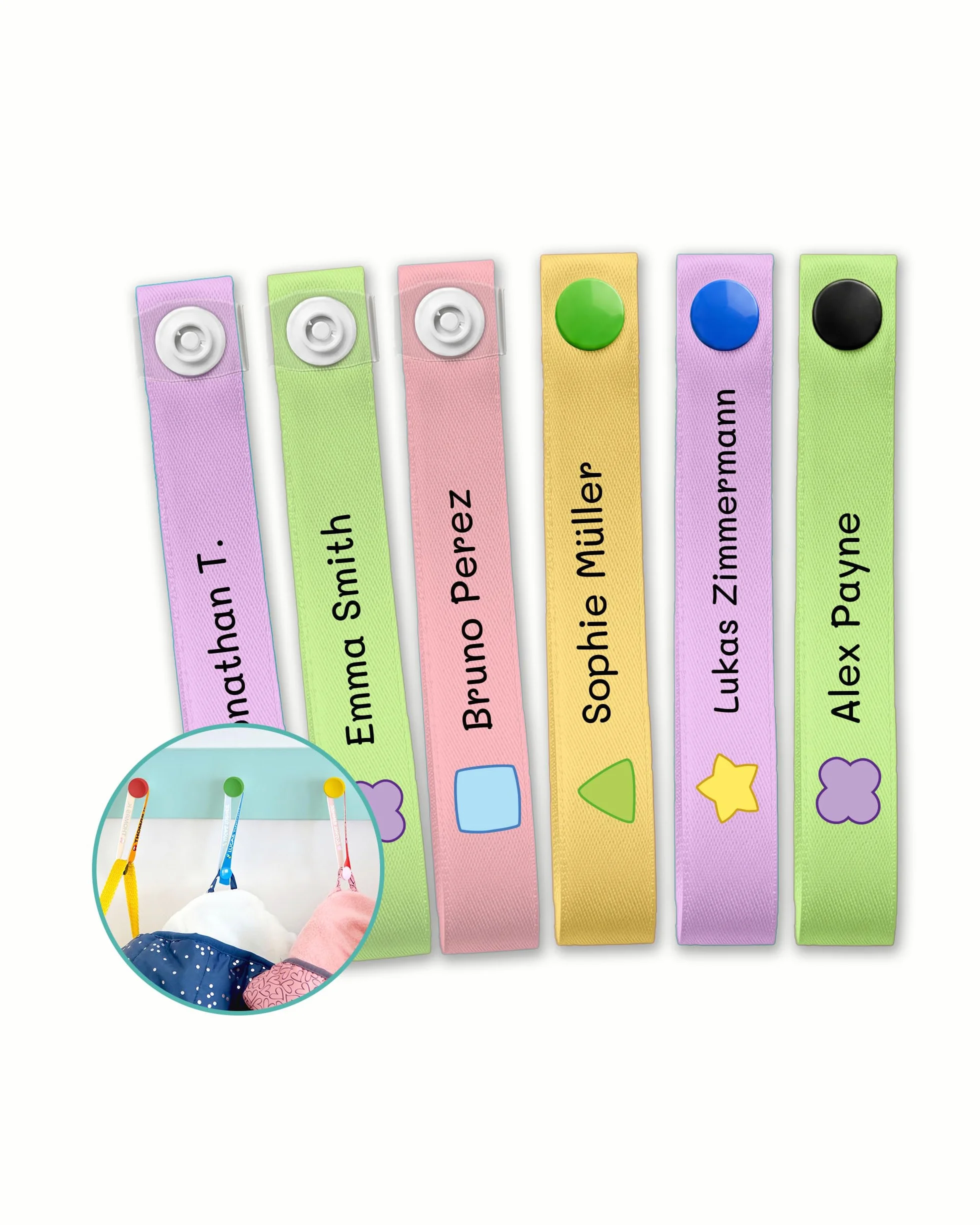 ETIKIDS 6 Cinghie per Appendere Vestiti Bambini Personalizzate con Nome, Etichette in Tessuto per Giacche, Grembiuli e Zaini, Senza Cucire, Lavabili