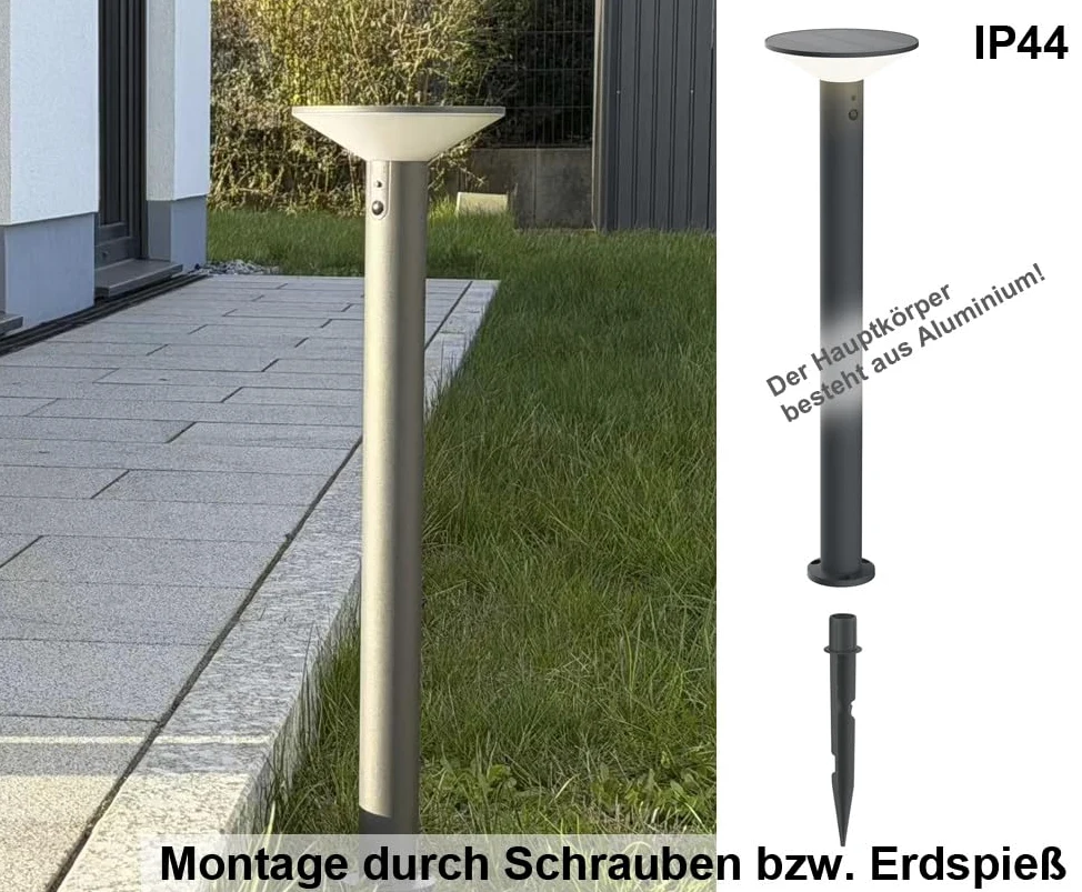 Lampada solare per vialetti con sensore di movimento, illuminazione da giardino con batteria integrata da 2000 mAh, 300 lm, IP44, 3000 K, bianco caldo, lampada solare per esterni/terrazze/balconi