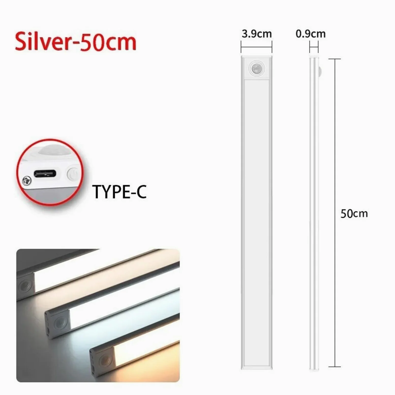 Luce LED Con Sensore Di Movimento, Notturna, USB Wireless Sottopensile, For Cucina, Camera Da Letto, Guardaroba, Illuminazione Interna Sensore Di Movimento(Silver 50CM)
