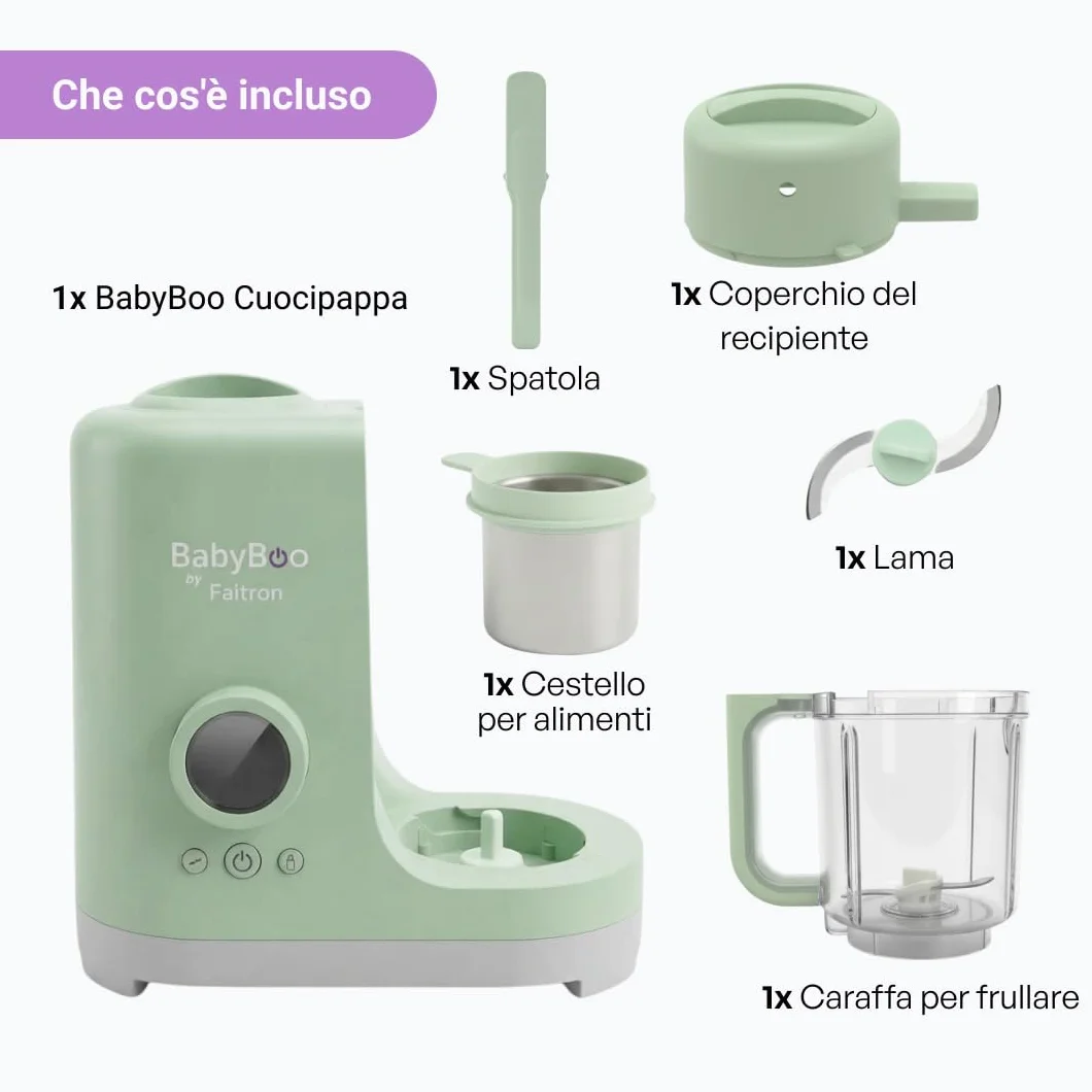 BABYBOO Robot Pappa 7-in-1 Cuoci a Vapore e Frulla 20 Minuti 300W Scaldabiberon Sterilizzatore Tritan Acciaio Inox Display Digitale