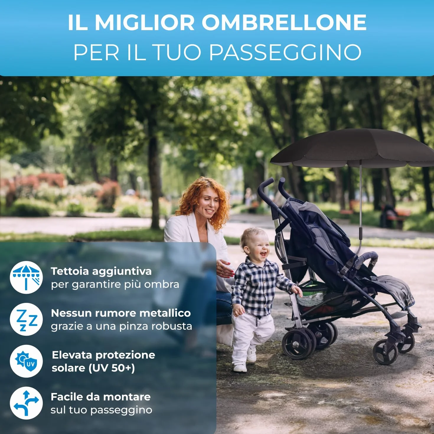 STYNGARD Ombrellino Passeggino UV 50+ 70 cm con Supporto Universale Modello ROMA