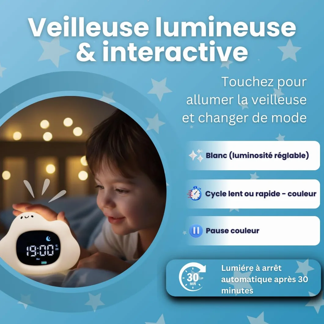 Sveglio bambino educativo giorno/notte - luce notturna per bambini musicale e luminosa, 4 anni di luminosità, orologio educativo con musica rilassante, rumore bianco, decorazione per camera da letto