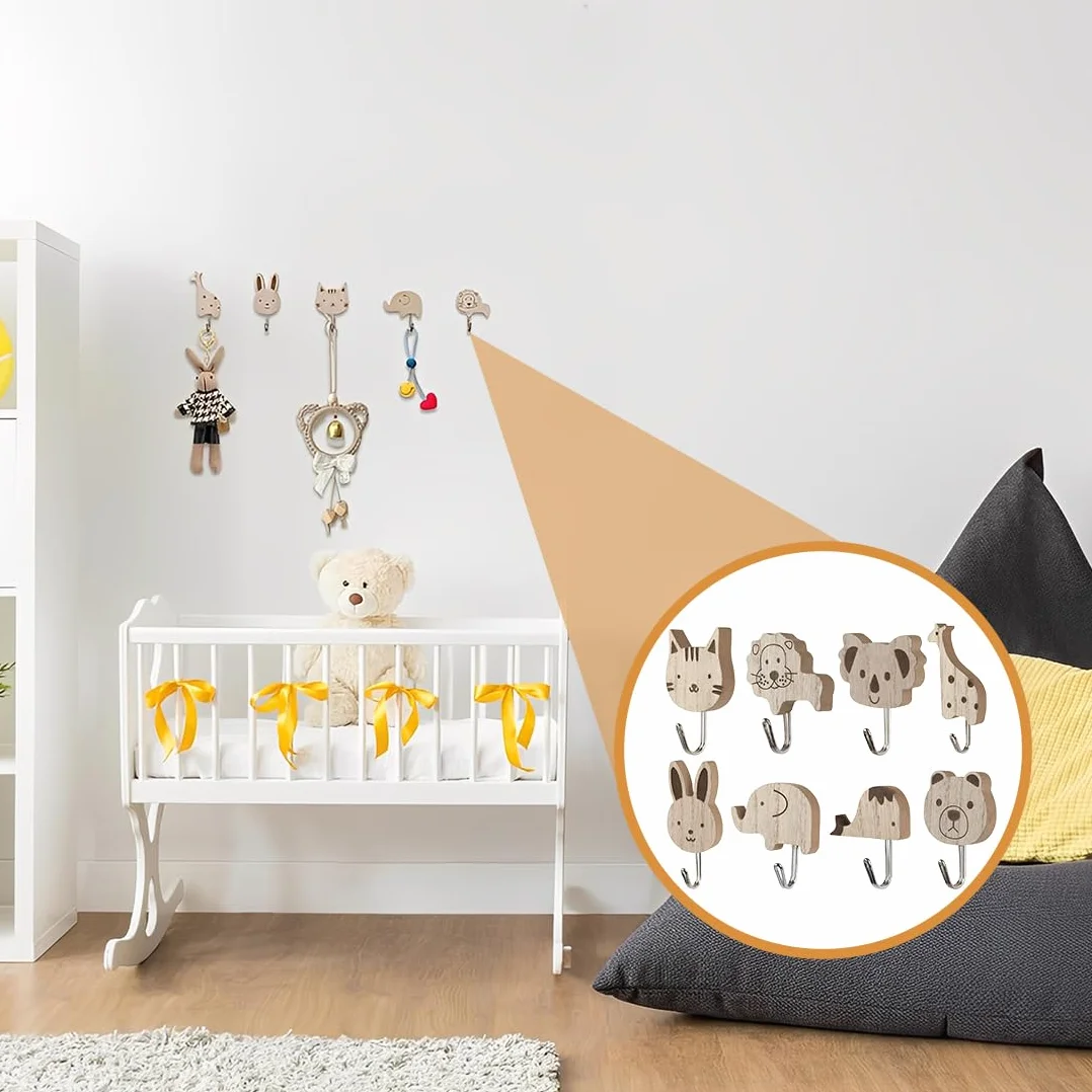 Appendiabiti per bambini in legno set 8 ganci autoadesivi animali elefante balena gatto leone coniglio giraffa