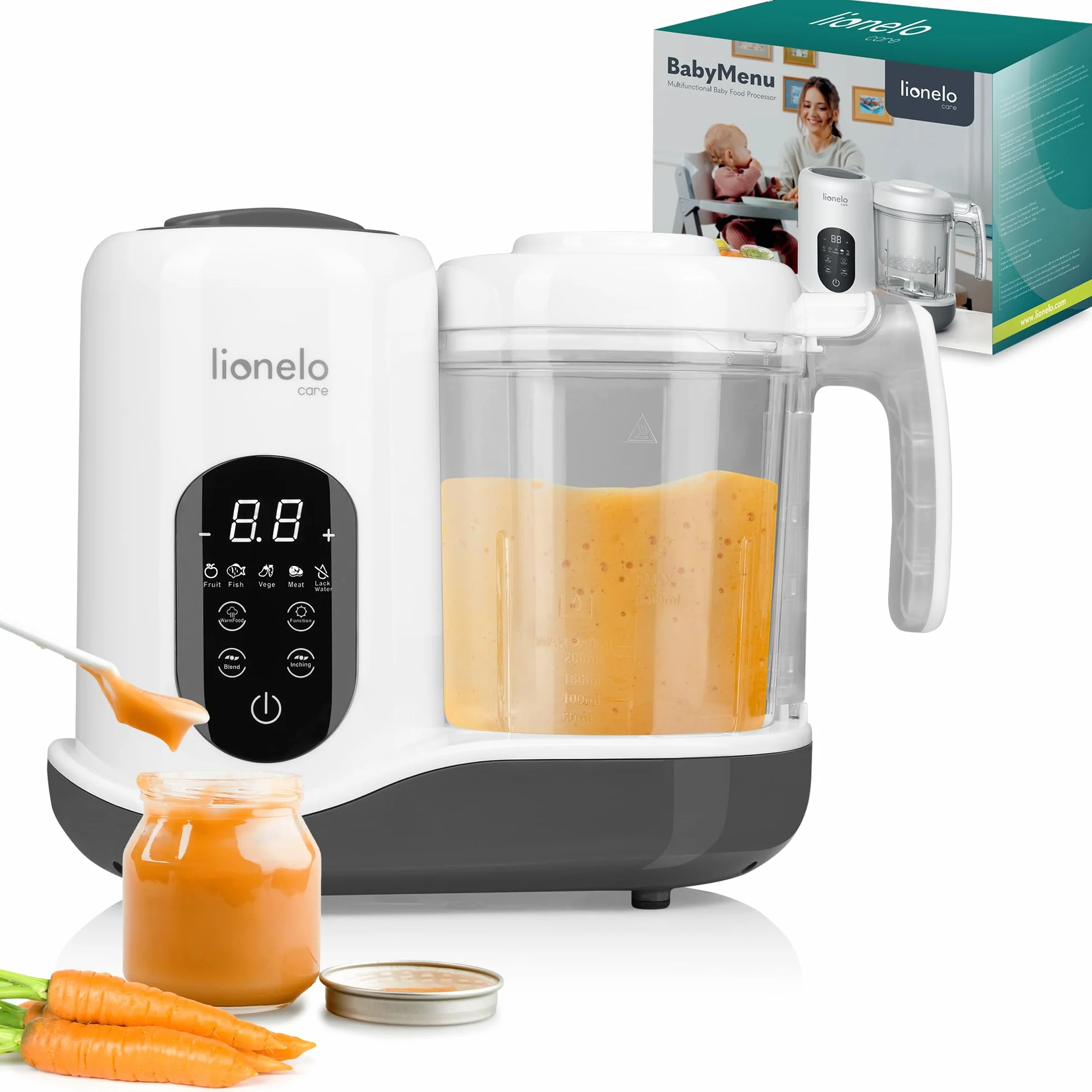Lionelo BABYMENU 5in1 Robot Cucina e Scaldabiberon per Bambini: Cottura a Vapore, Frullatura, Riscaldamento, Scongelamento, Sterilizzazione, Senza BPA, 35 Ricette