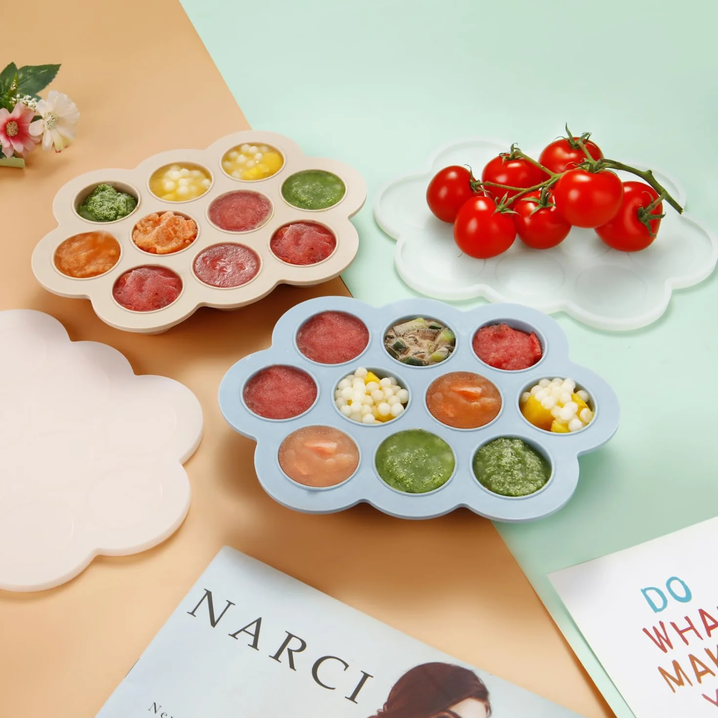 PandaEar Set di 2 Vaschette per Congelare Alimenti per Bambini in Silicone con Coperchi - Blu/Marrone