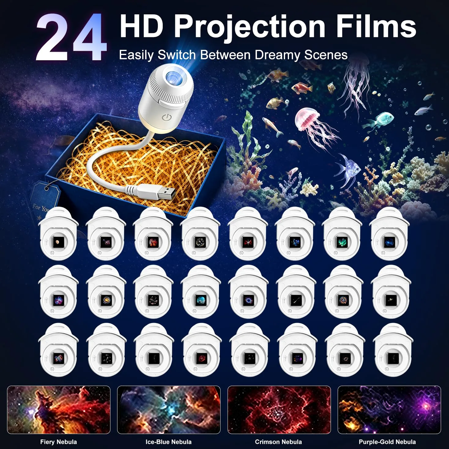 Proiettore di luce notturna della galassia, 2-in-1 USB della lampada della stella del regalo per i bambini | Luminosità regolabile, decorazione per soffitto della parete dell'auto e della stanza, 24 pellicole