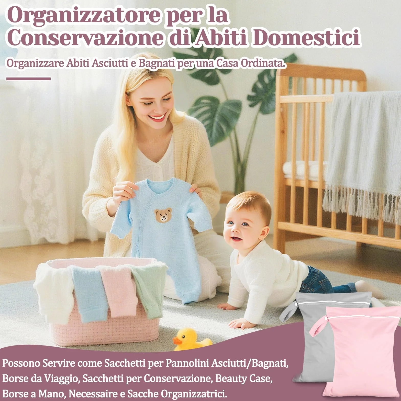 Sacca Impermeabile Wet Bag 40x30 cm Porta Pannolini Salviette Zip Manico Riutilizzabile Pieghevole 2 Pezzi