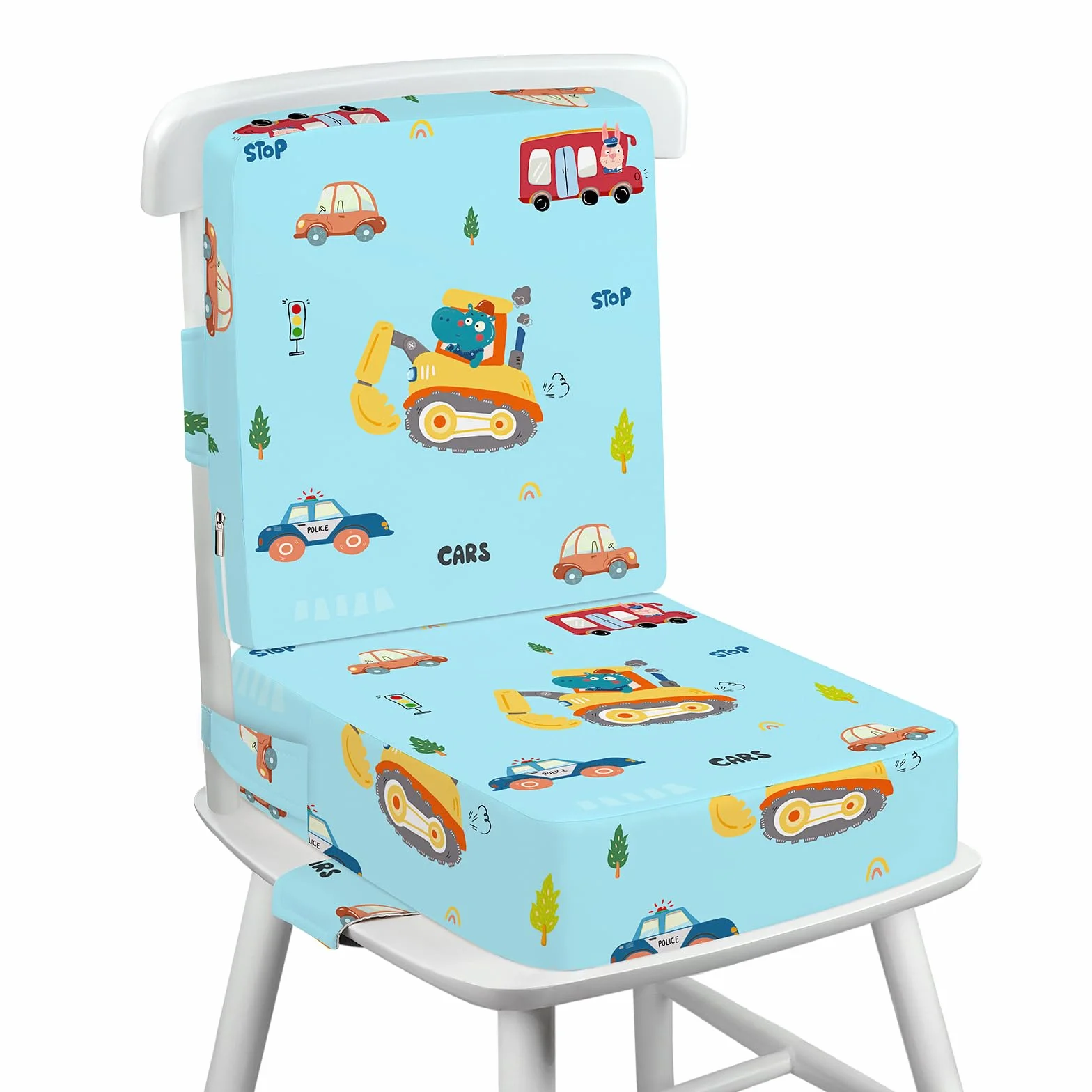 Rialzo Sedia per Bambini 2 Pezzi, PU Portatile Alzasedia da Tavolo, Cuscino Sedia con Cinghie Regolabili, 36x32x10cm, Escavatore