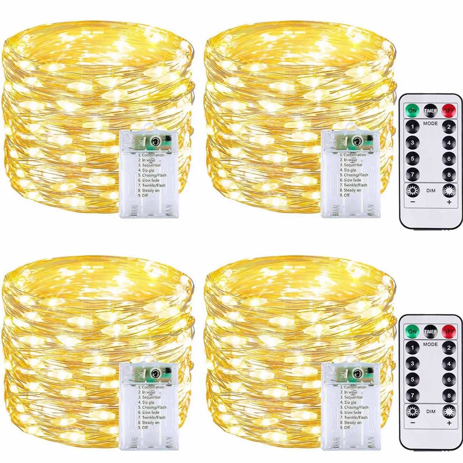 Confezione da 4 luci a 60 LED da 60 LED, funzionamento a batteria, con telecomando, impermeabili, con controllo a rmote, luci scintillanti con timer, alimentate a batteria, per camera da letto, feste,
