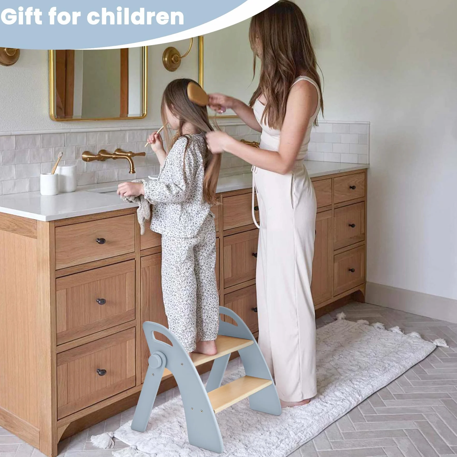 Sgabello di Legno per Bambini 2 Gradini Pieghevole, Capacità 130 kg con Tappetino Antiscivolo e Maniglie, Blu