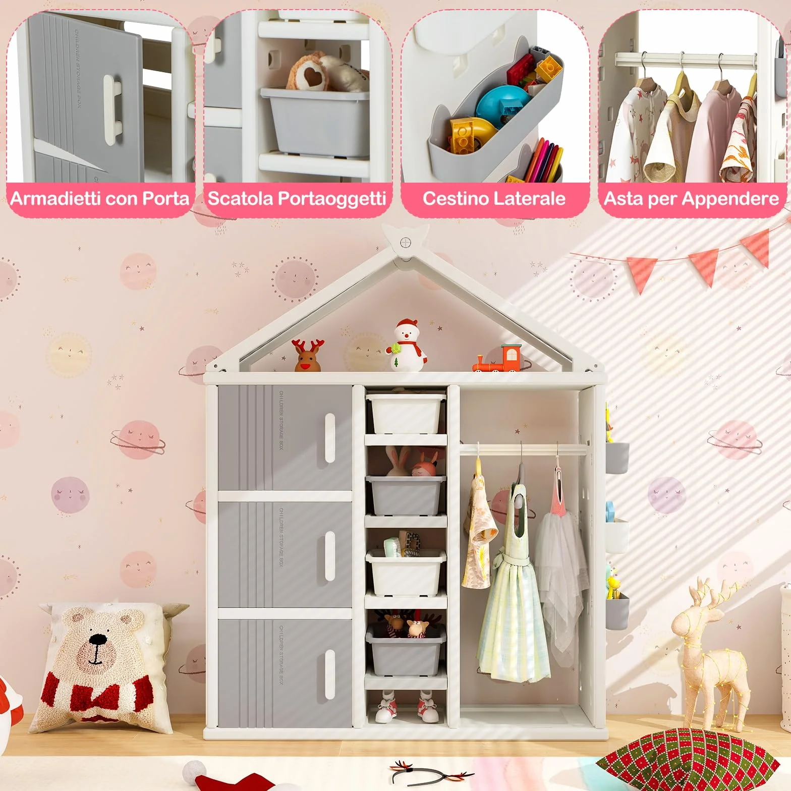 RELAX4LIFE Armadio Guardaroba Bambini 34x130x156 cm Grigio con Barra Appendiabiti 4 Scatole 3 Scomparti