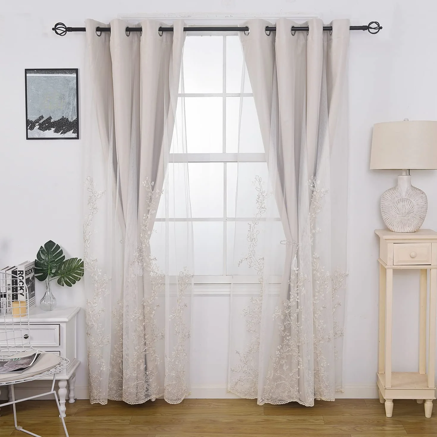 Tende a doppio strato con tulle trasparente ricamato 132 x 243 cm beige GYROHOME