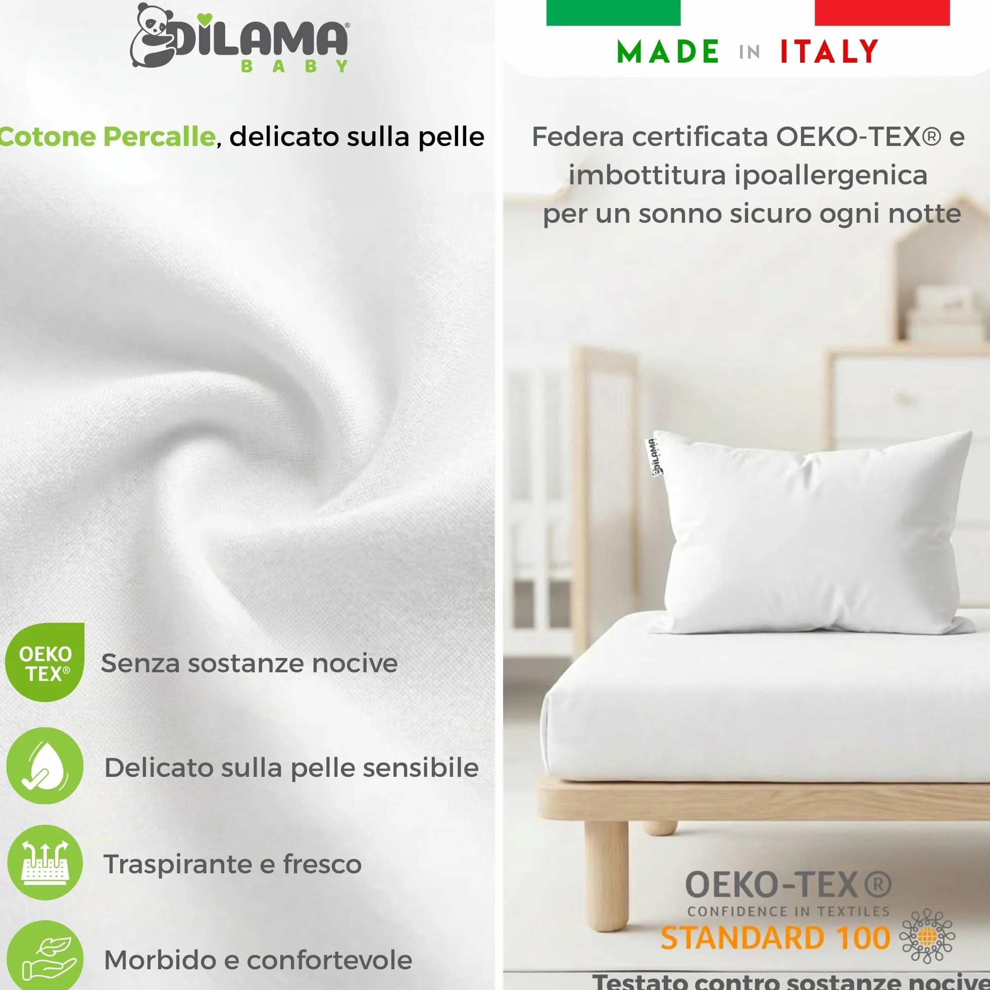 Dilamababy Cuscino Lettino Bambino 40x60 Regolabile in Altezza Anallergico Antiacaro Lavabile Federa Cotone Percalle Oeko Tex