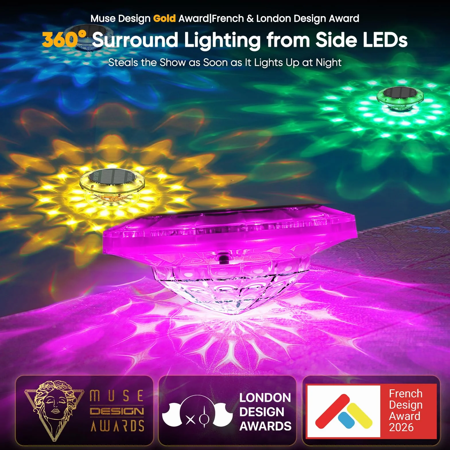 Quntis Luci Piscina Solari Galleggianti IP68 Impermeabili Illuminazione Solare Piscina con Telecomando, Luci per Piscina LED RGBCW Luce per Esterno Laghetto Festa 2 Pezzi