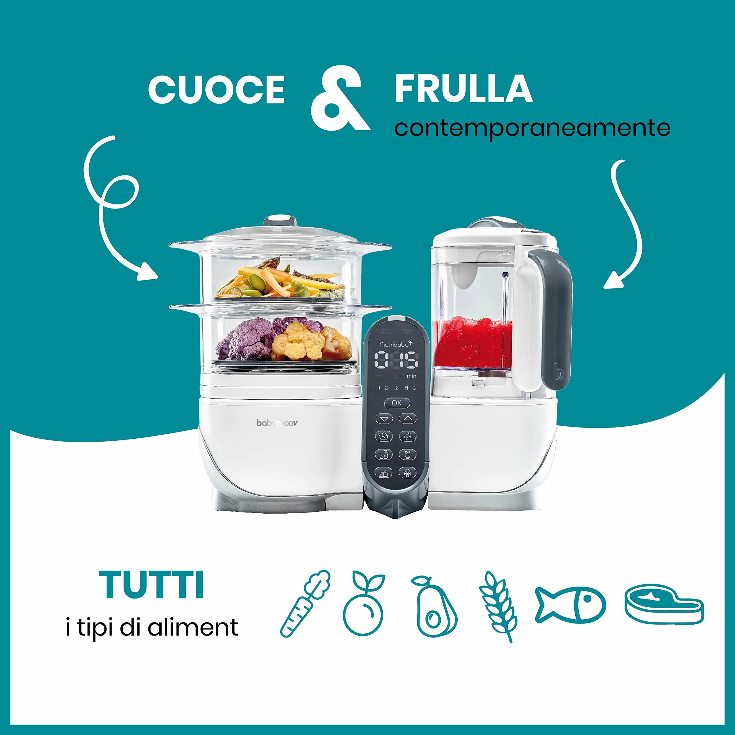 Babymoov Nutribaby+ Cuocipappa Multifunzione 6 in 1 Cuocivapore Frullatore Grande Capacità Bianco
