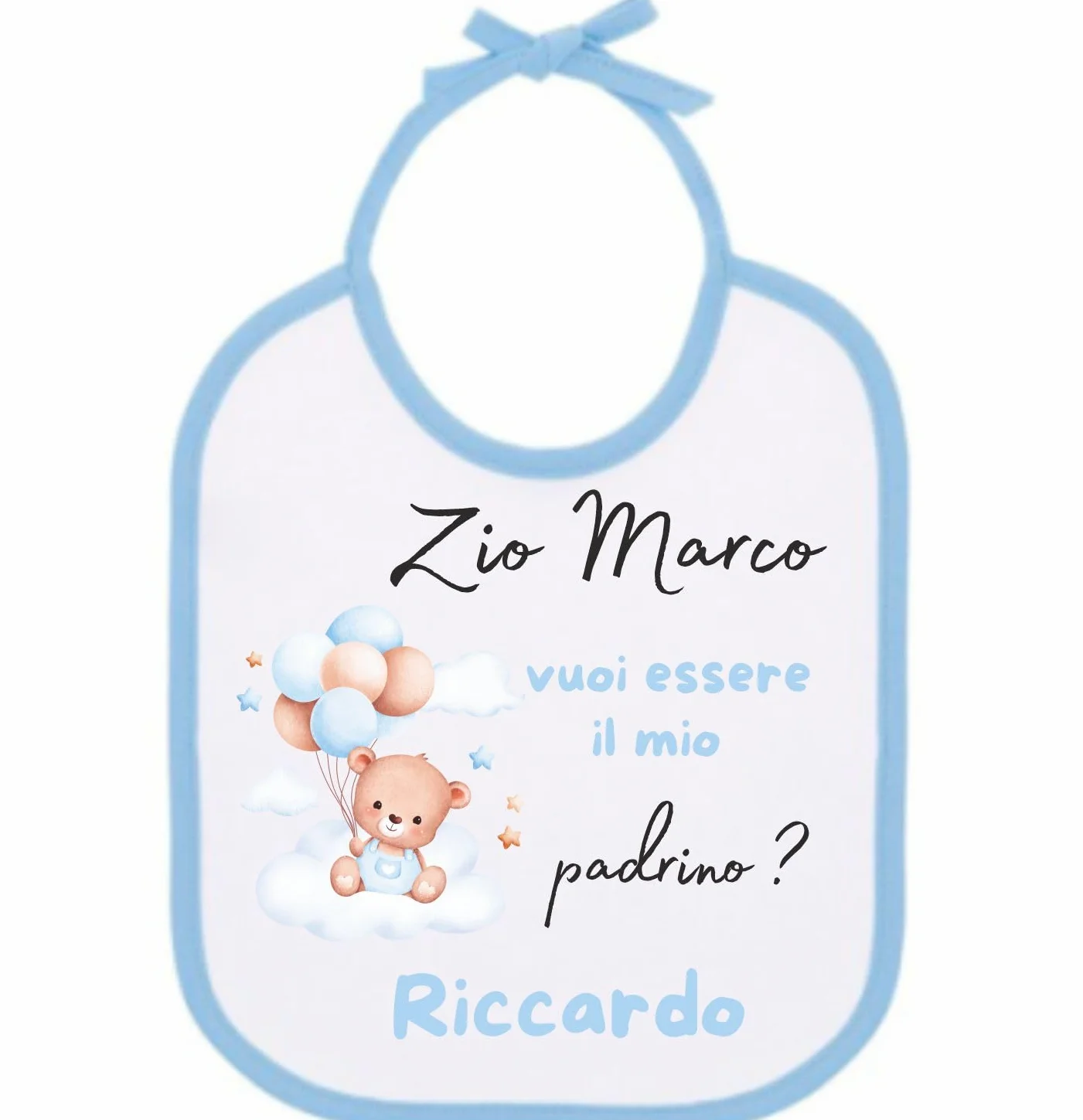 Bavaglino Personalizzabile in Poliestere con Stampa Sublimatica Orsetto Palloncini Azzurri Idea Regalo