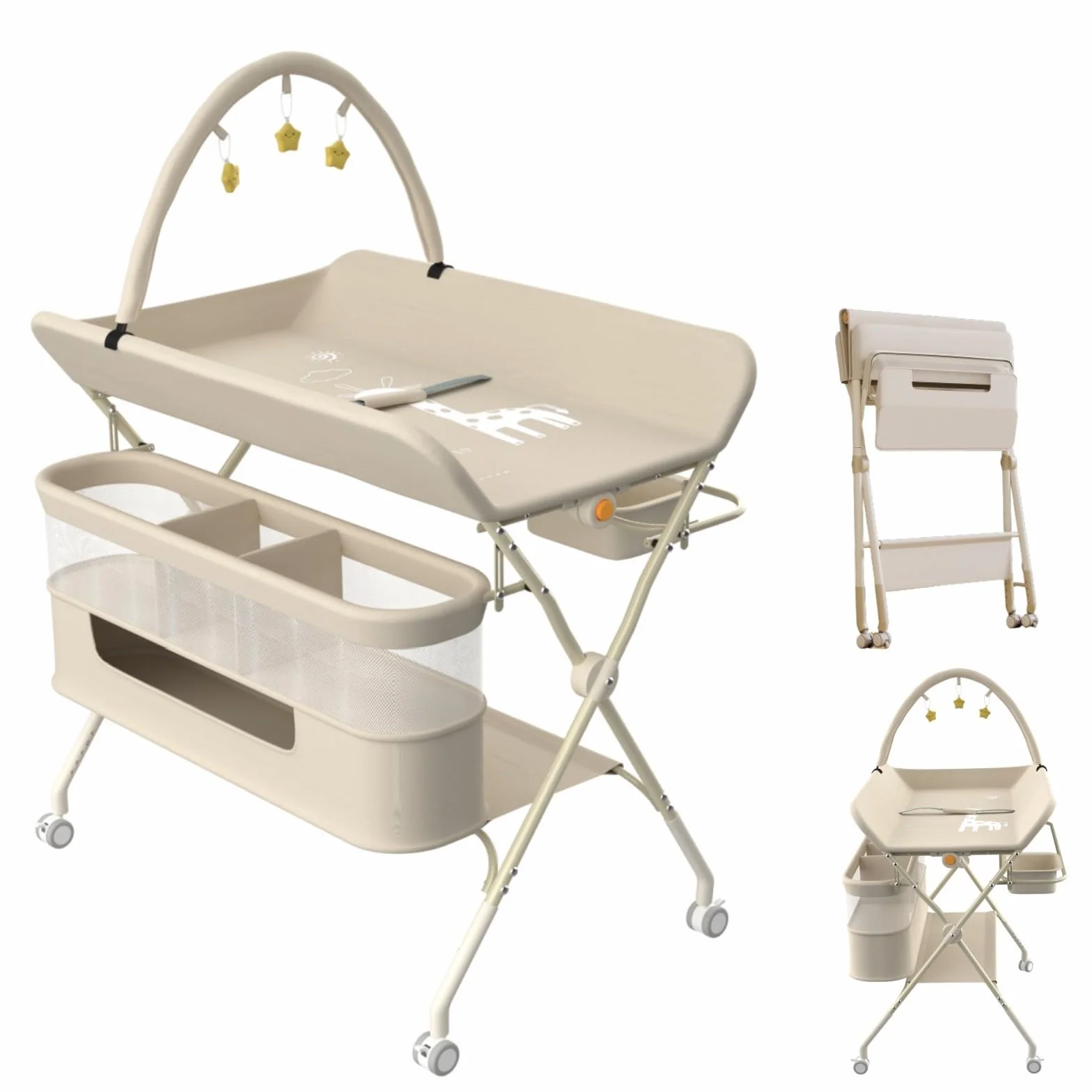 Fasciatoio Neonato Pieghevole Portatile Altezza Regolabile con Ruote Silenziose 360° Bloccabili Bianco Latte 75x68x83-91cm