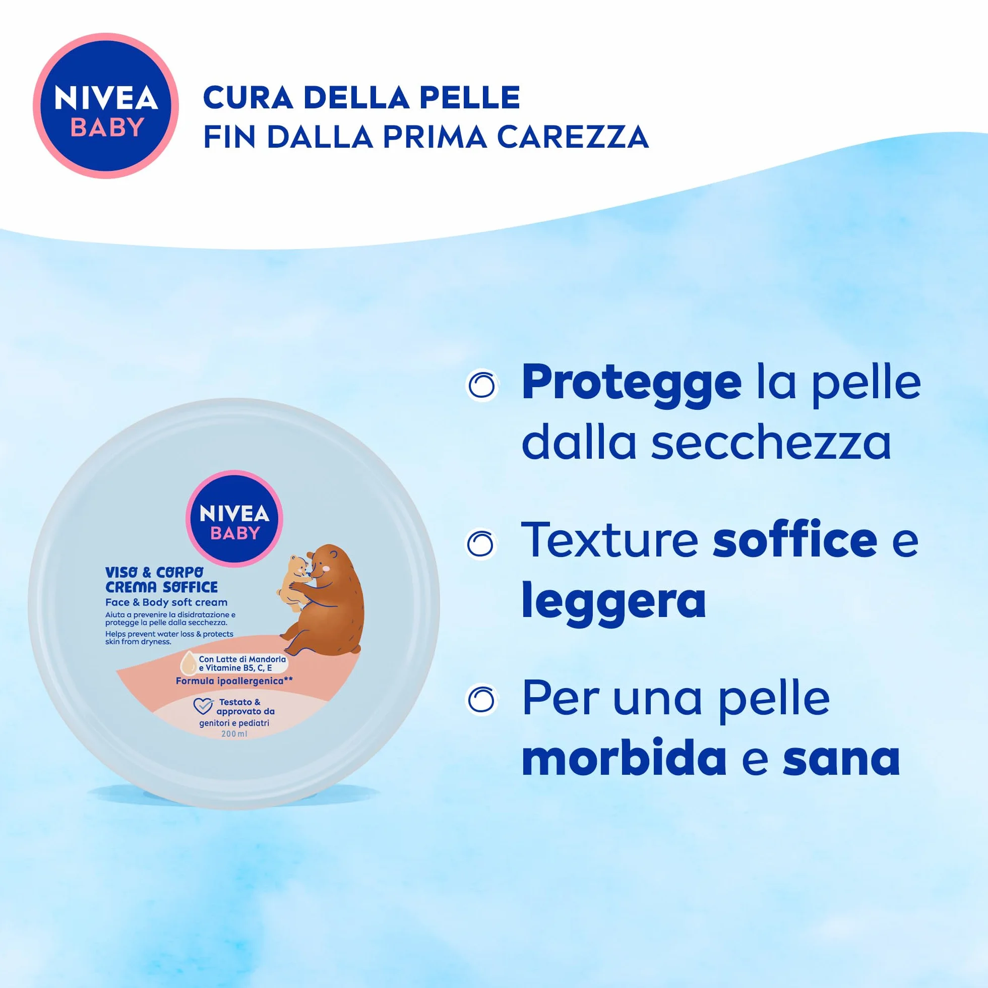 NIVEA BABY Viso & Corpo Crema Soffice 200ml, Crema corpo bambini idratante e nutriente, Crema viso neonato con Latte di Mandorla e Vitamine