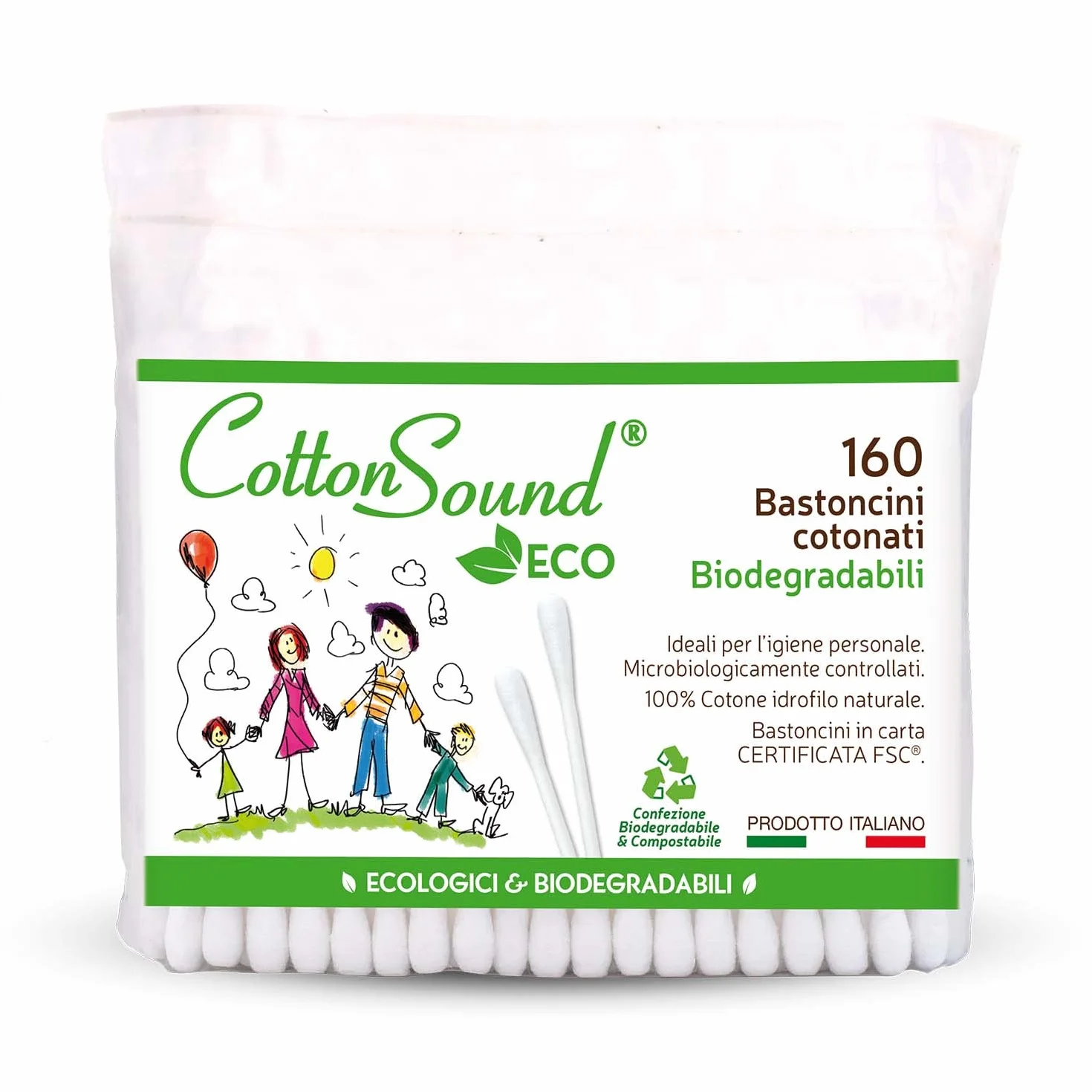 COTTON SOUND ECO Bastoncini Cotonati 160 Pezzi, 100% Puro Cotone Idrofilo, Biodegradabili, Made in Italy