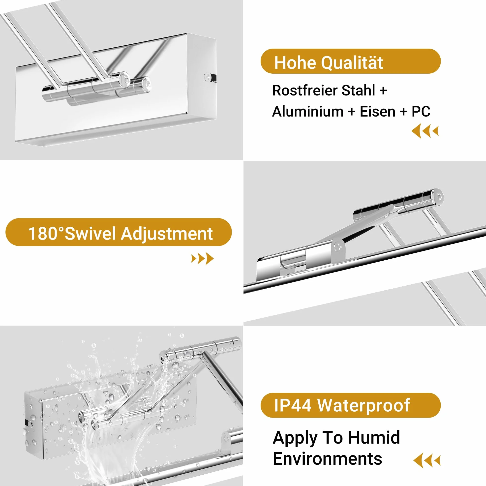 Klighten Led Lampada Da Specchio Bagno 40cm,Lampada Da Parete Rotante Per Bagno Ip44,12W 970 LM Luce Specchio Bagno Led,Applique Bagno Specchio Moderno In Alluminio,Bianco naturale 4000K, Cromo