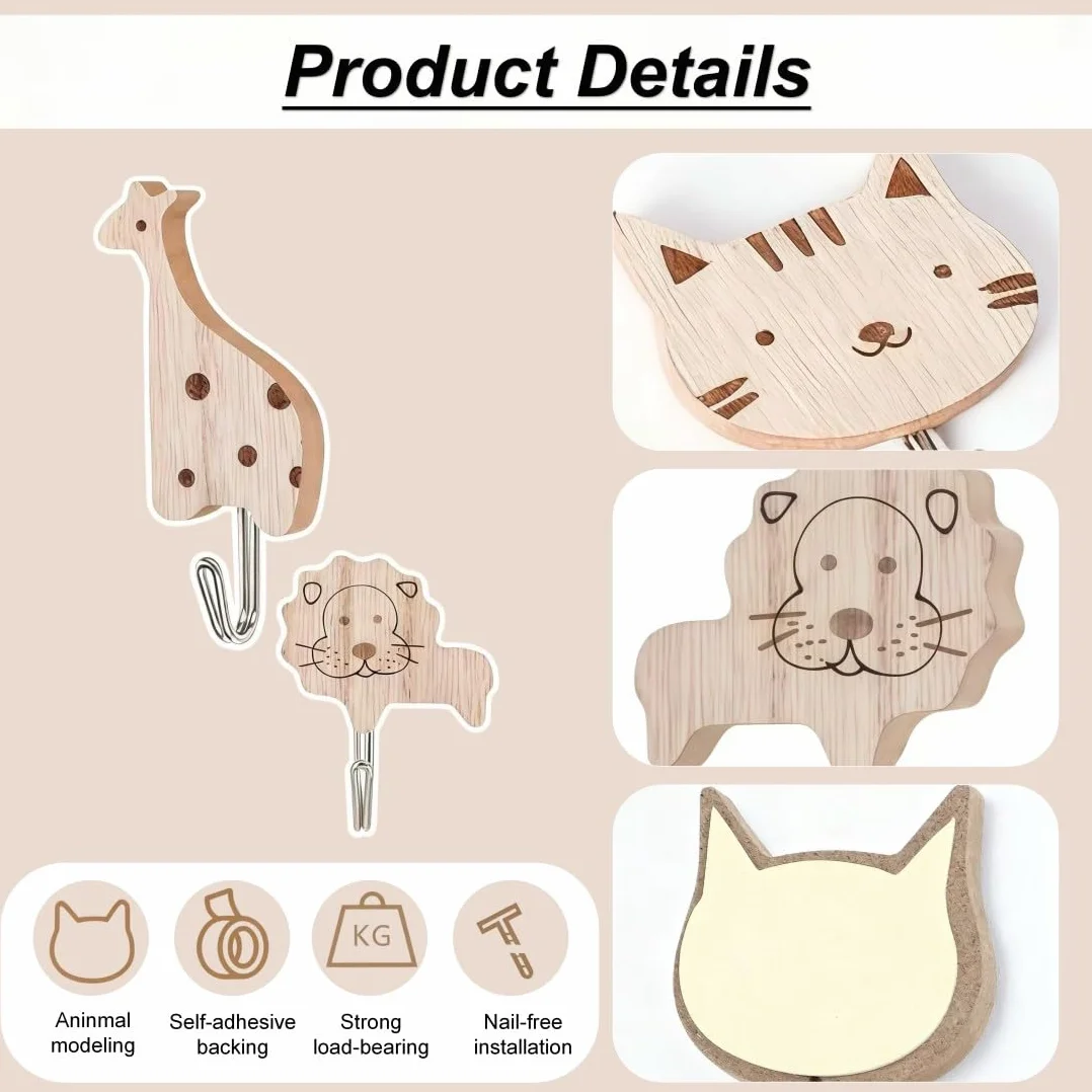 Appendiabiti Bambini da Parete Ganci Autoadesivi in Legno Animali Carini 6 Pezzi