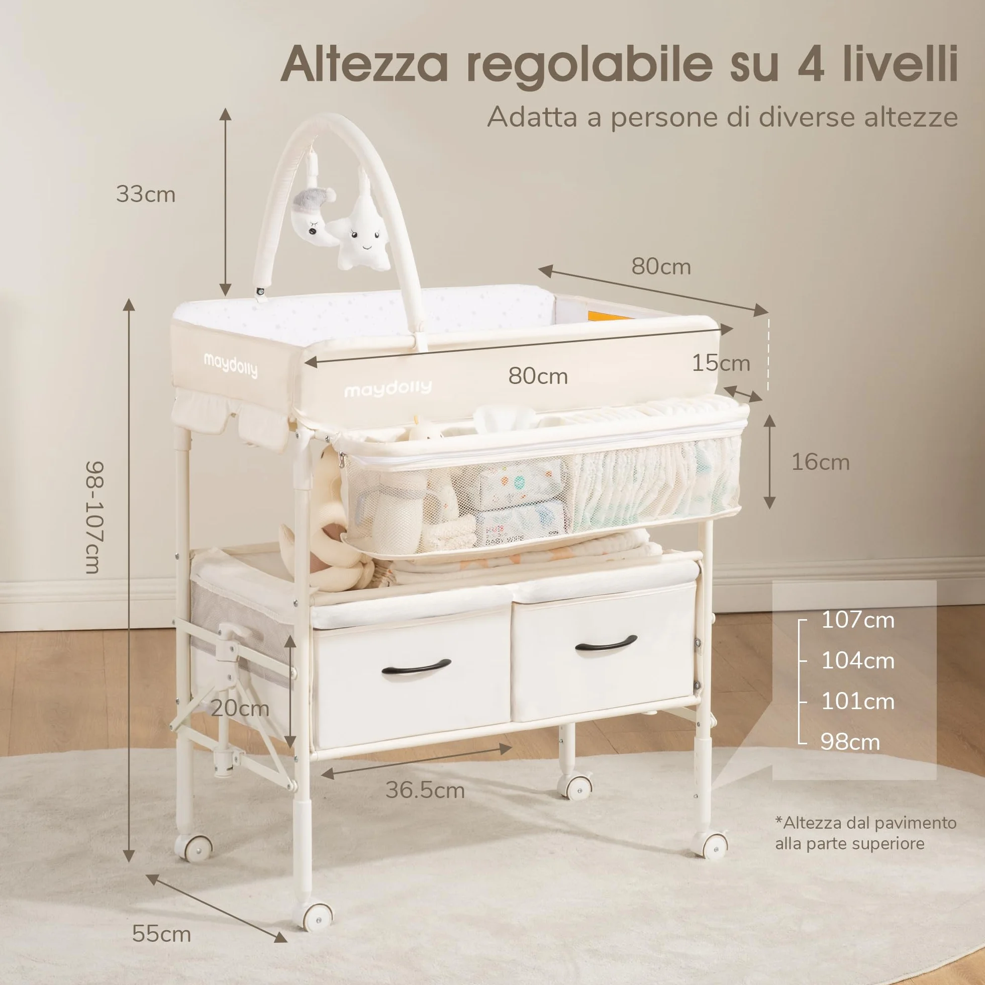 Maydolly Fasciatoio Portatile Pieghevole Neonato Altezza Regolabile Ruote Bloccabili 2 Cestelli Materassino Impermeabile Beige
