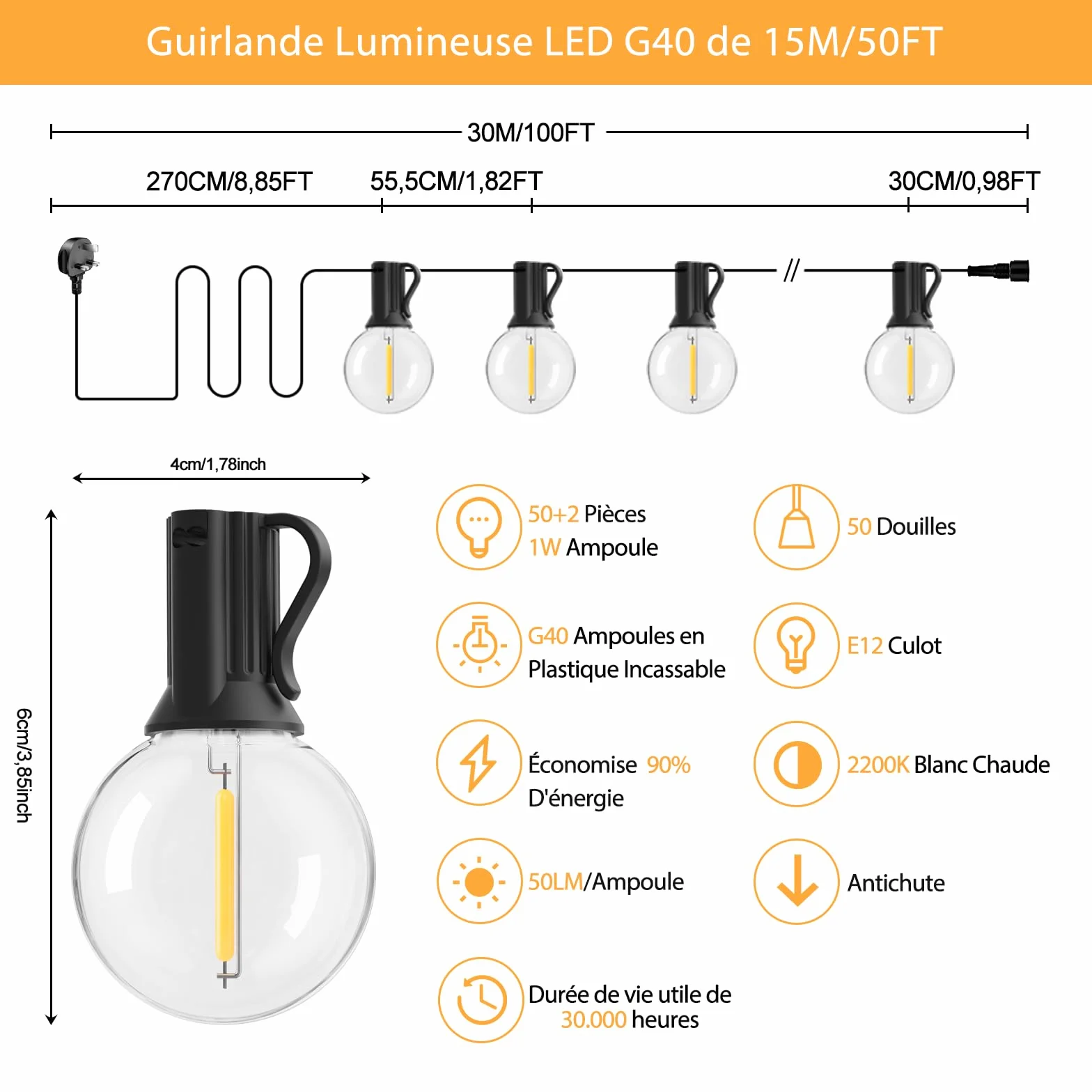 Luci Da Esterno Giardino G40 30M Festoon Lights Alimentazione LED 24V Con 50 Lampadine Infrangibili Impermeabile Per Patio Giardino Balcone Gazebo Pergola Portico