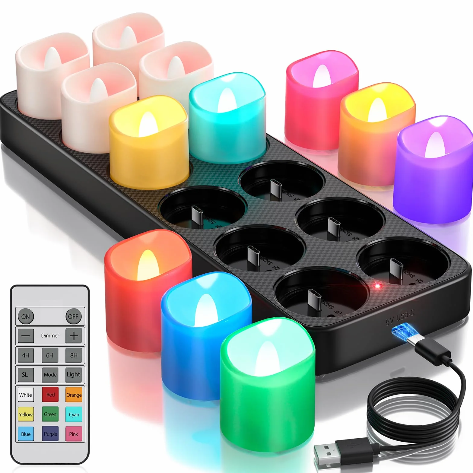 Yme Candele colorate ricaricabili con stazione di ricarica, 12 candele a LED Candele elettriche ricaricabili tremolanti con telecomando e timer per la stanza Halloween Natale Decorazione - RGB