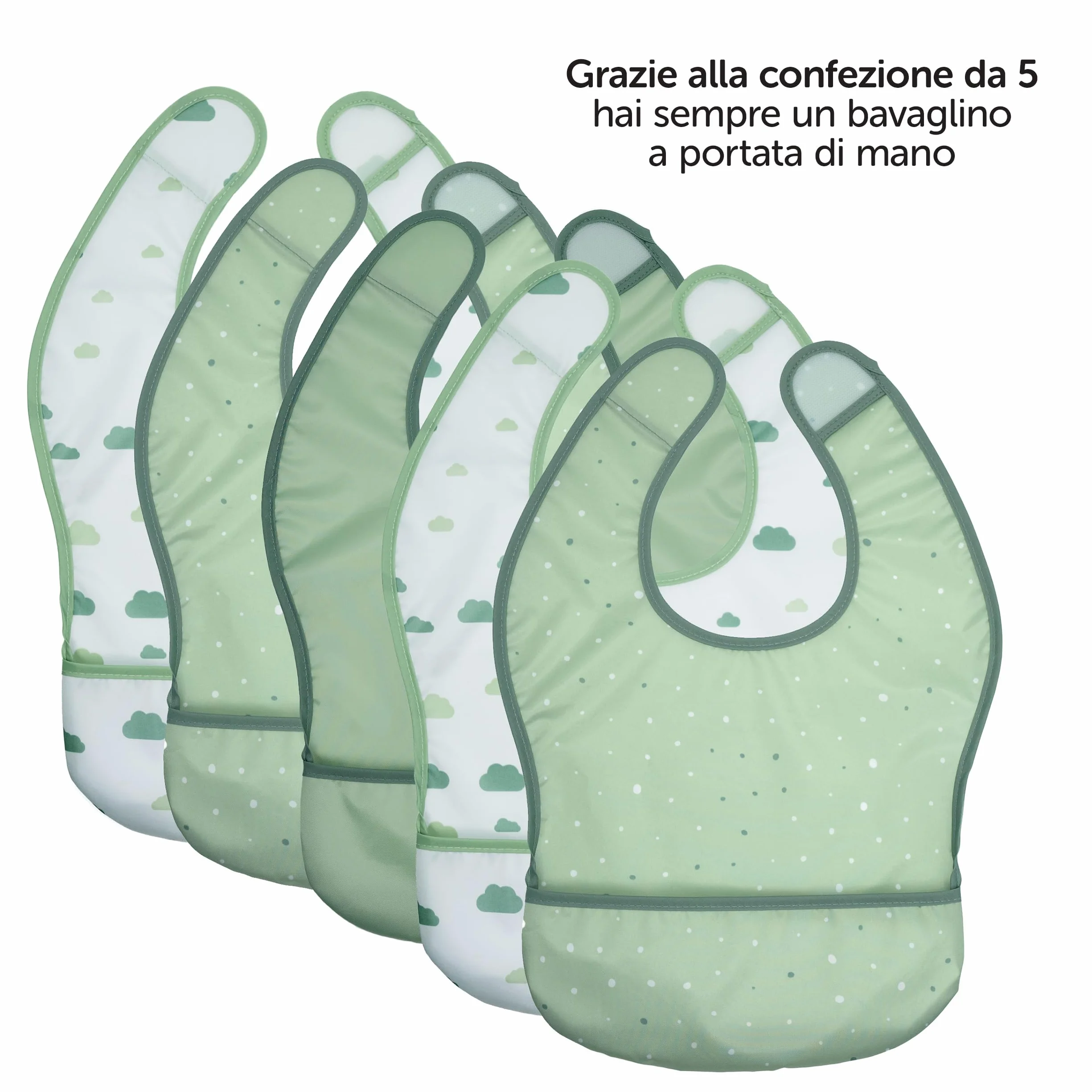 MiaMia Bavaglini Neonato Impermeabili 5pz Bavette con Tasca Chiusura a Strappo Testato OekoTex 100 Lavabile Verde