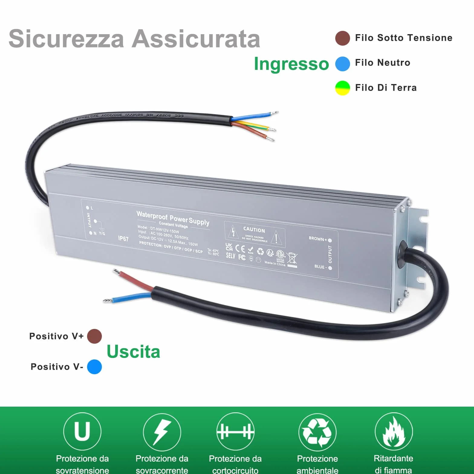 REYLAX Trasformatore LED 12V 150W Alimentatore 12.5A Impermeabile IP67 Driver LED AC 100-260V a DC 12V Trasformatori da Esterno Adattatore Led a Tensione Costante Power Supply Bassa Tensione