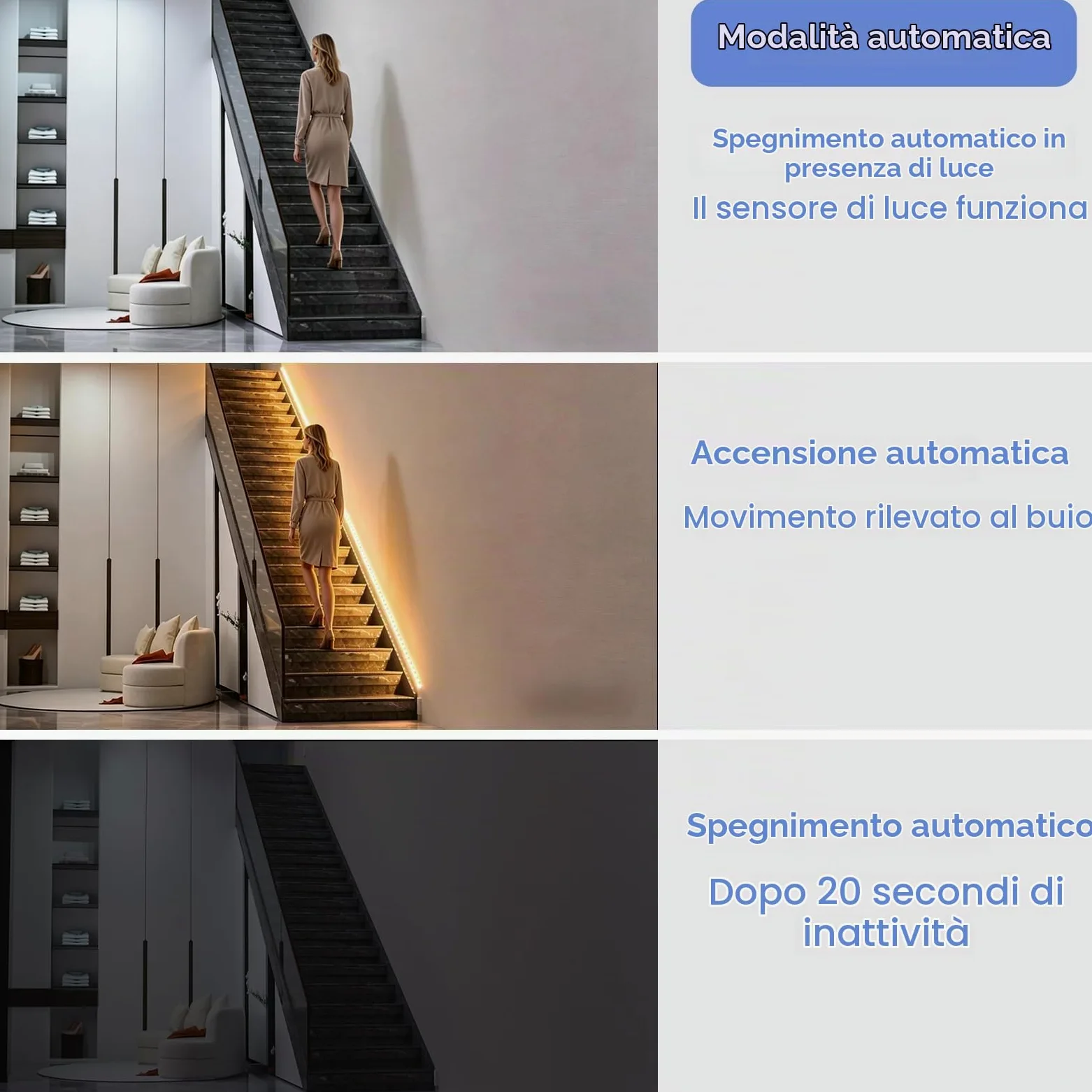 WOBANE Striscia luminosa a LED con sensore di movimento ricaricabile, 5 m, senza fili, con 2 sensori, luci a striscia LED alimentate a batteria, luce bianca calda per armadio, armadietto, 2700 K
