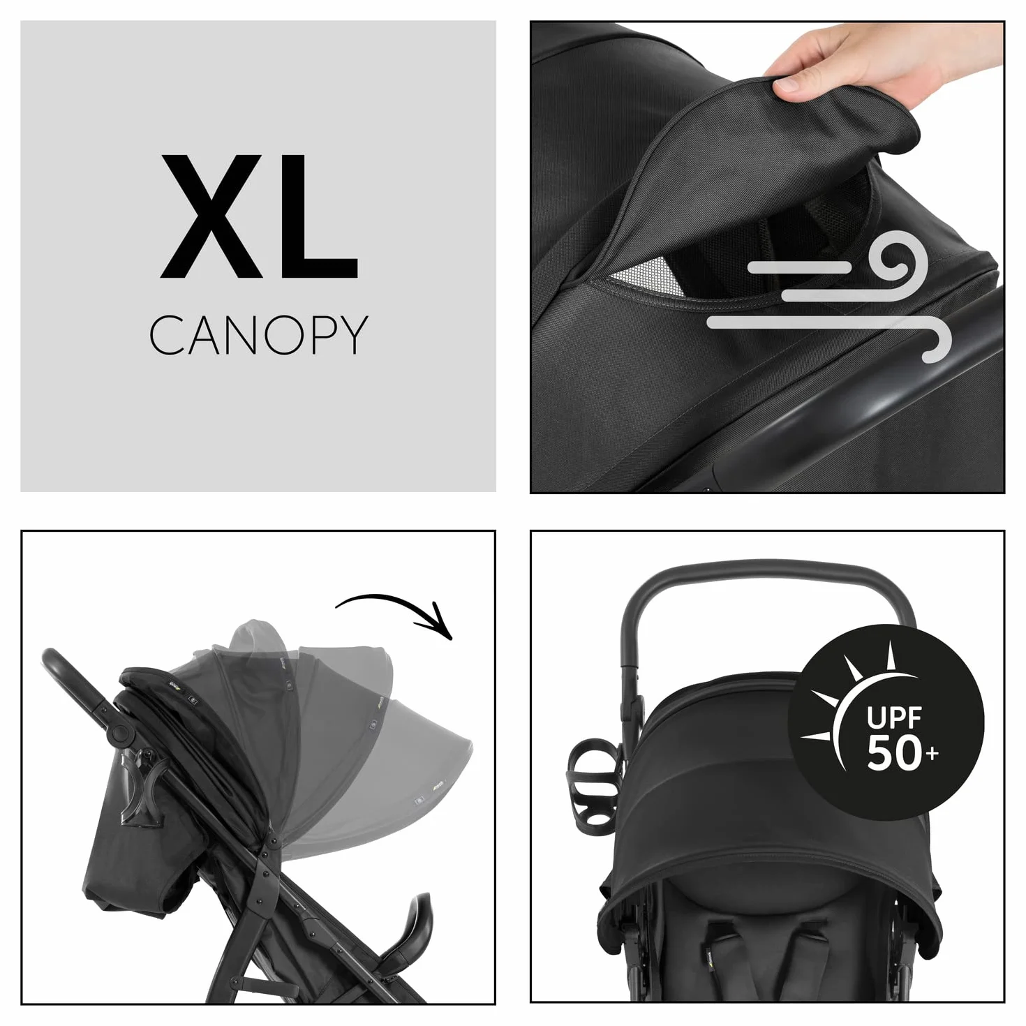 Hauck Rapid 4D Air Nero Passeggino 0-22 kg Ruote Gonfiabili Davanti Gomma Dietro Schienale Regolabile UPF 50+