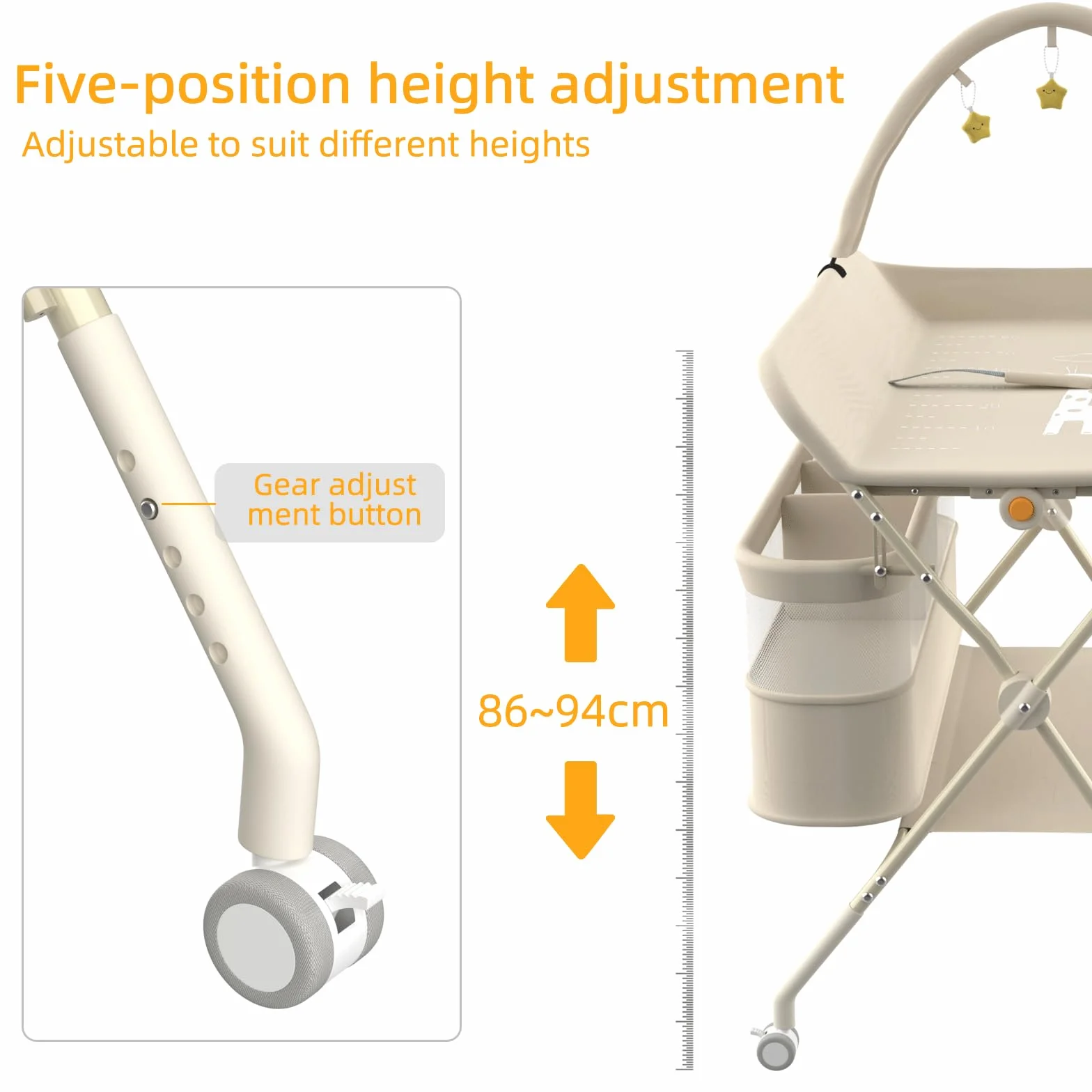 Fasciatoio Neonato Pieghevole Portatile Altezza Regolabile con Ruote Silenziose 360° Bloccabili Bianco Latte 75x68x83-91cm
