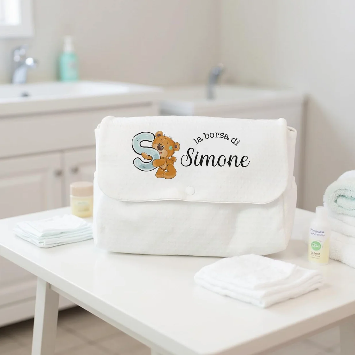 Generico Borsa Fasciatoio per Neonato Personalizzato con Nome e Orsacchiotto Regalo Festa Mamma Natale Nascita Cambio Pannolini