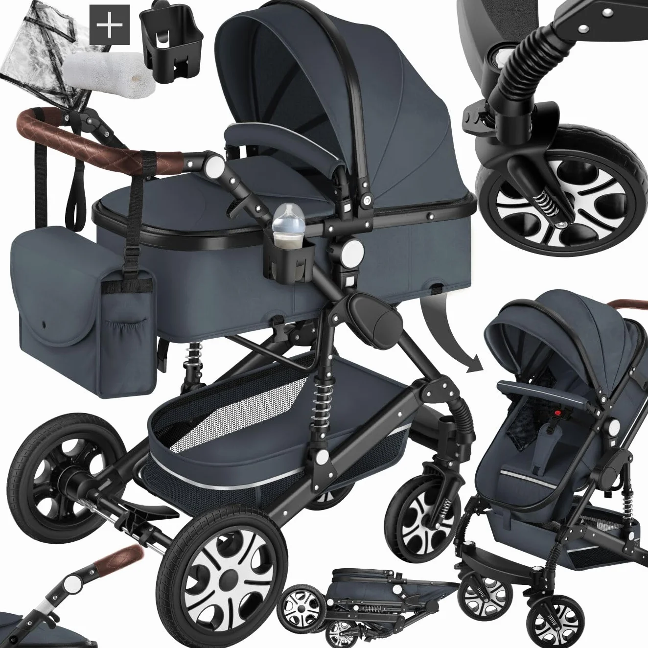 tectake® Passeggino Combinato Pieghevole 2 in 1 Leggero con Cintura a 5 Punti e Freno a Pedale Antracite