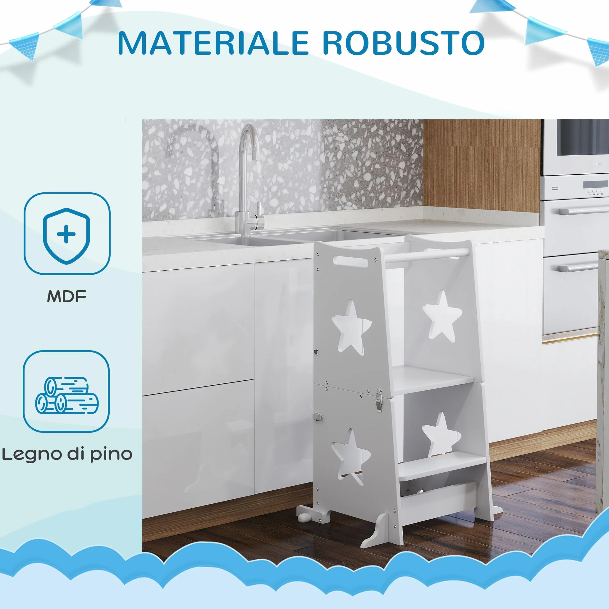 AIYAPLAY Torre Montessoriana Bambini Convertibile Set Tavolo Sedie Barra Sicurezza Sgabello Legno 3-6 Anni Apprendimento Bagno Cucina Toilette Bianco