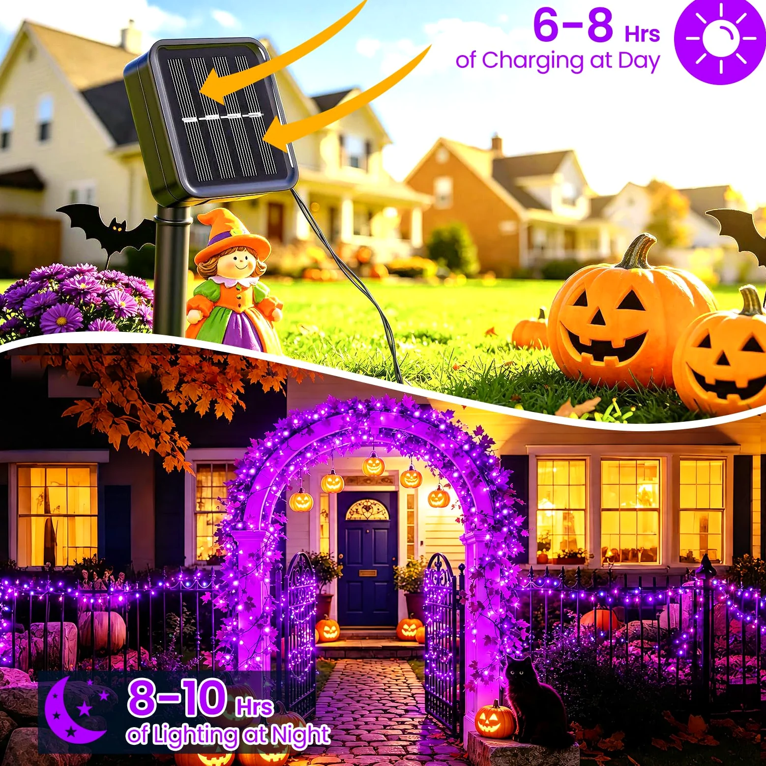 Luci di Halloween viola per esterni, impermeabili, per decorazioni di Halloween, totale 100 LED 100 m, per giardino, cortile, vialetto, recinzione, 8 modalità, 50 LED x 2 confezioni