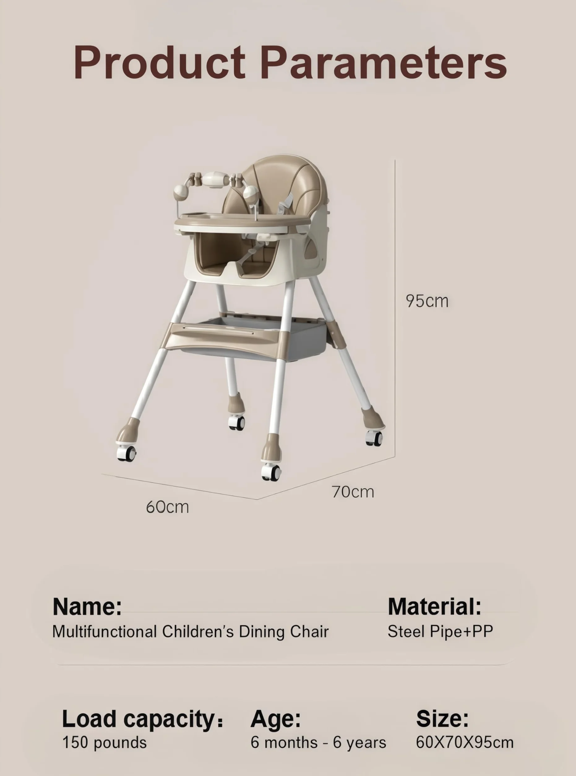 Seggiolone per Bambini Multifunzionale con Oscillazione e Schienale Regolabile 3 Velocità Doppi Vassoi Staccabili Ruote (560 Khaki)