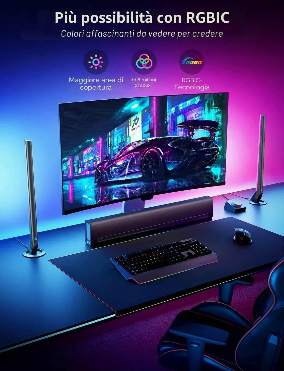 Govee RGBIC Lightbar da Gioco per PC con Controller da Tavolo, Barra Luminosa LED Wi-Fi da 42 cm con Sincronizzazione Musicale per TV e Monitor e 60+ Modalità di Scena